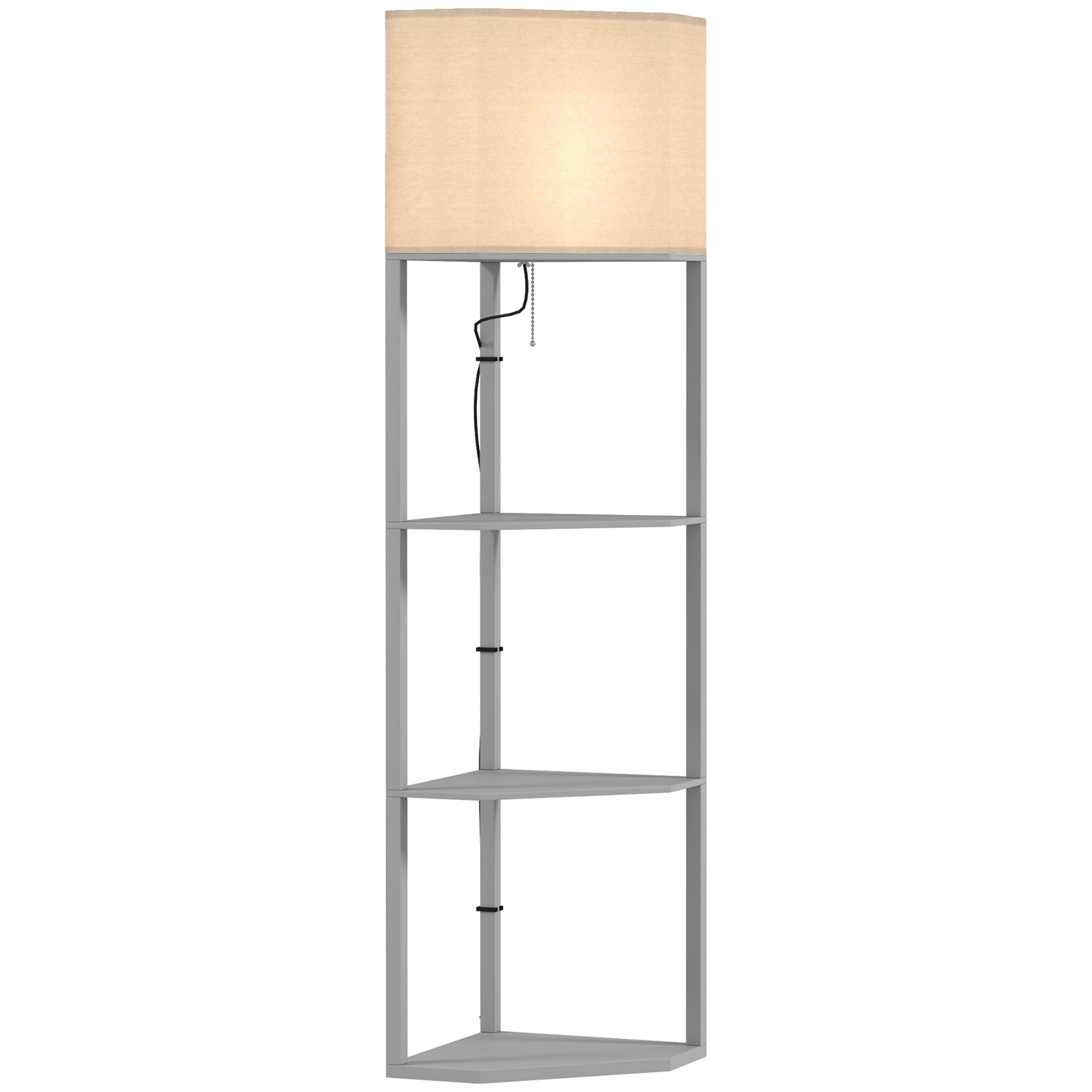 Corner Floor Lamp with Shelves, Tall Standing Lamps for Living Room, with Pull Chain Switch Bulb not Included, Grey