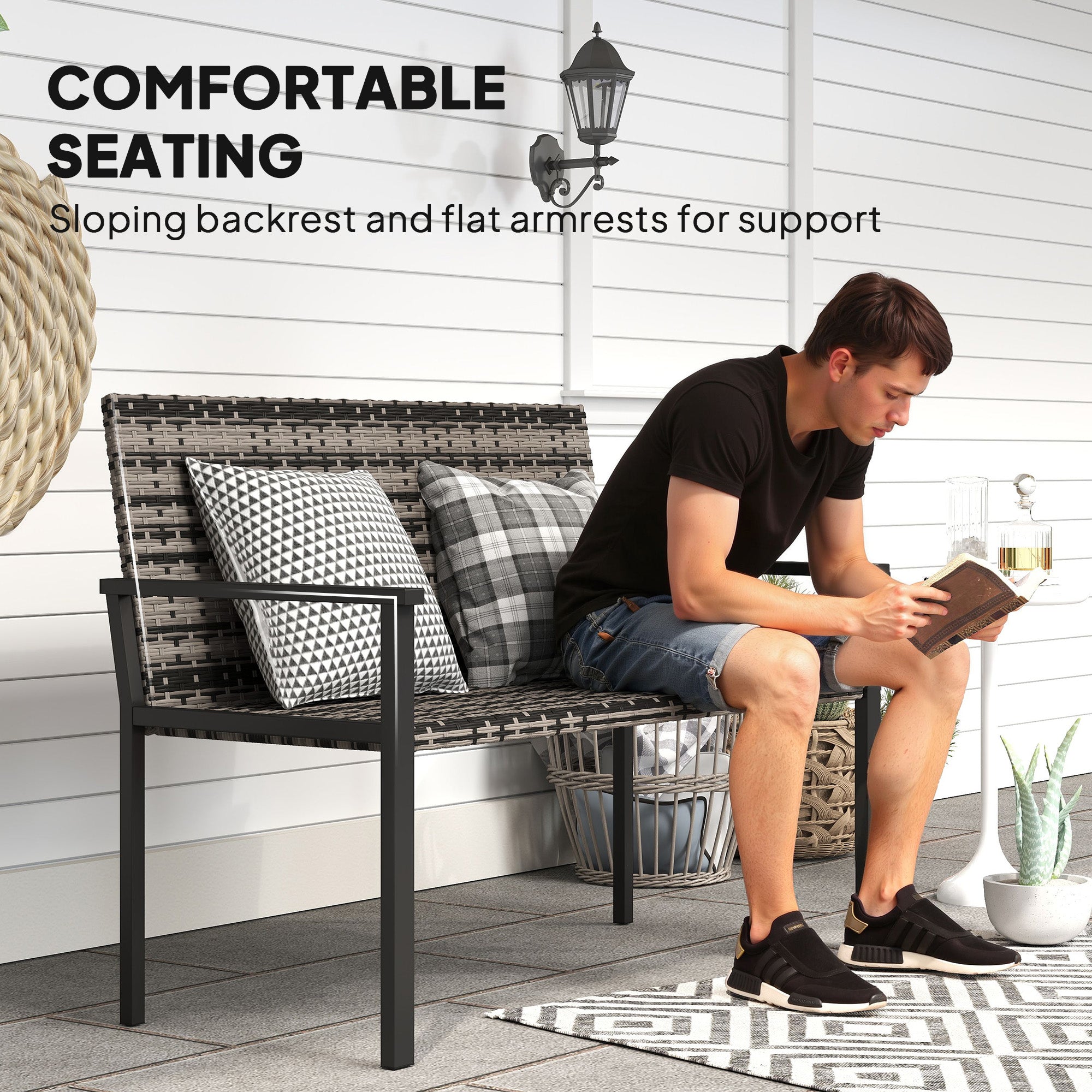 Two-Seater Rattan Bench - Mixed Grey