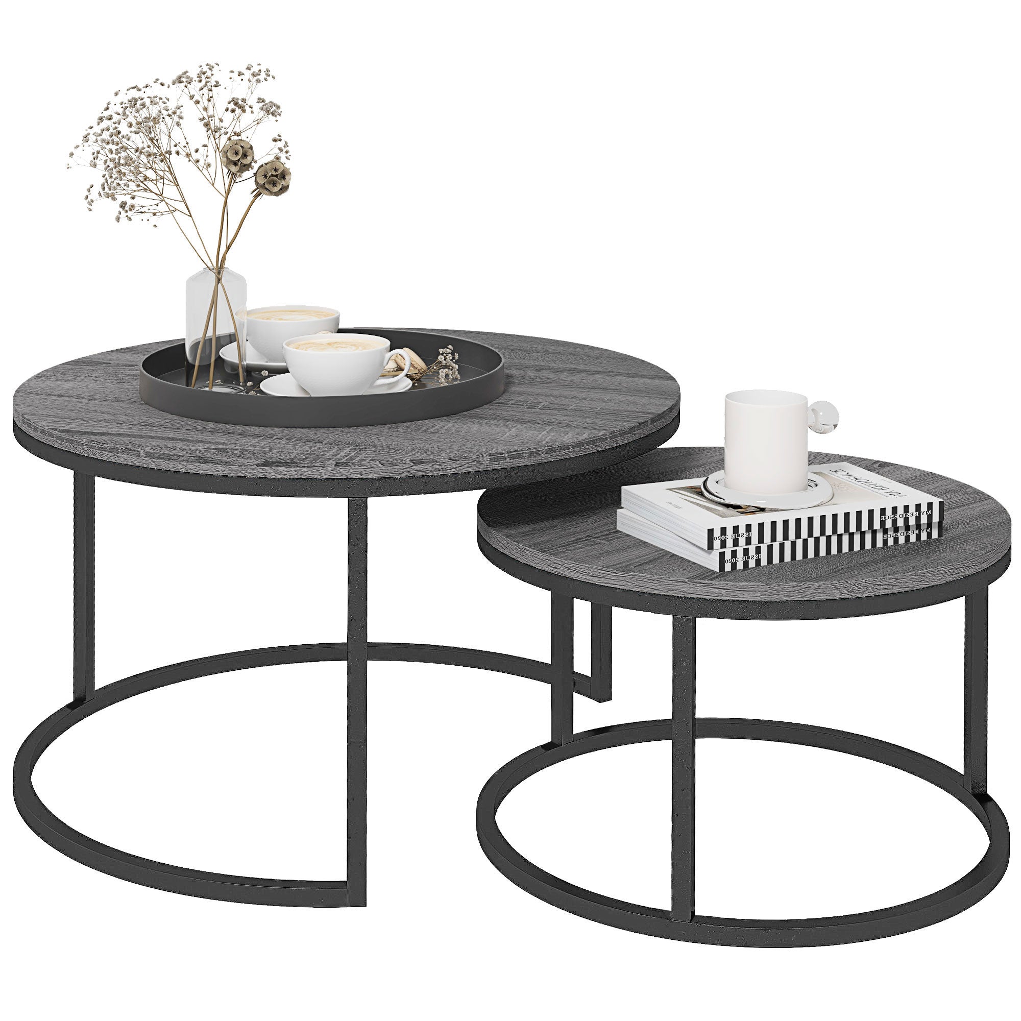 Set of Two Marble-Effect Stacking Tables - Wood Grey