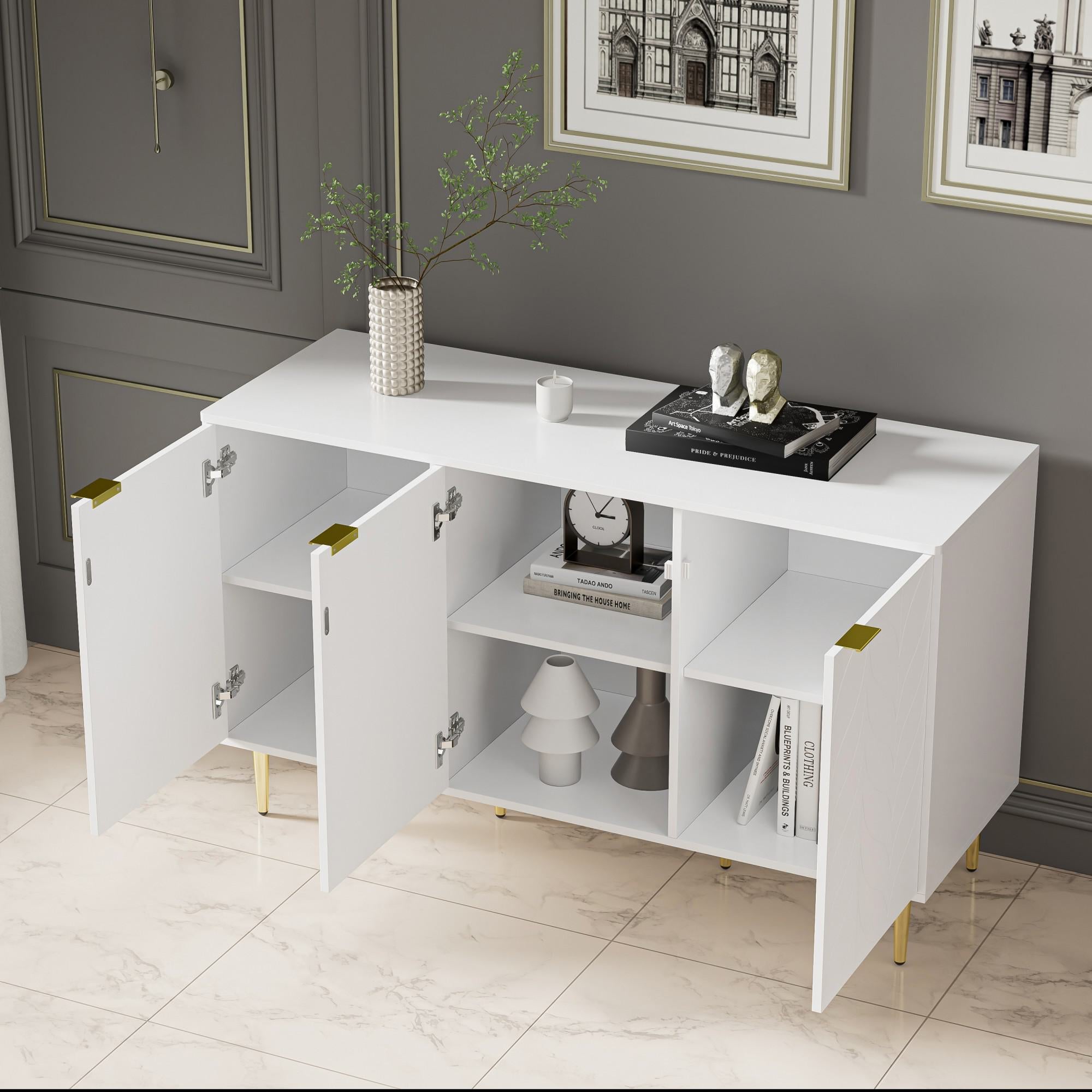 Modern Lacquered Chest of Drawers with Handles and Rounded Corners, Cabinet with 2 Layers, 6 Compartments, 127L x 45W x 75H cm, White