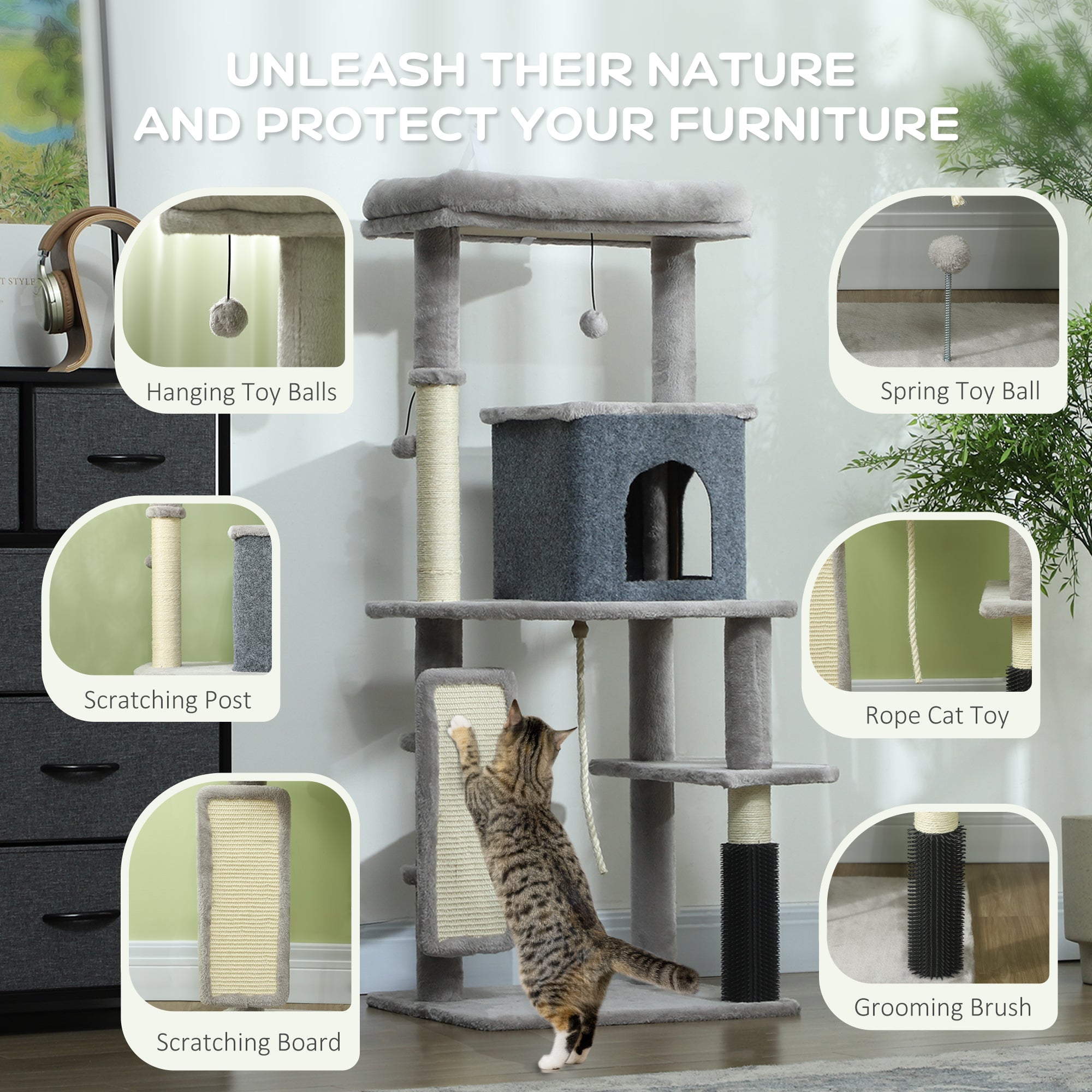 132cm Cat Tree w/ Scratching Posts, Pad, Cat Bed, Cat House, Jumping Platform, Grooming Brush, Anti-Tip Kit, Light Grey