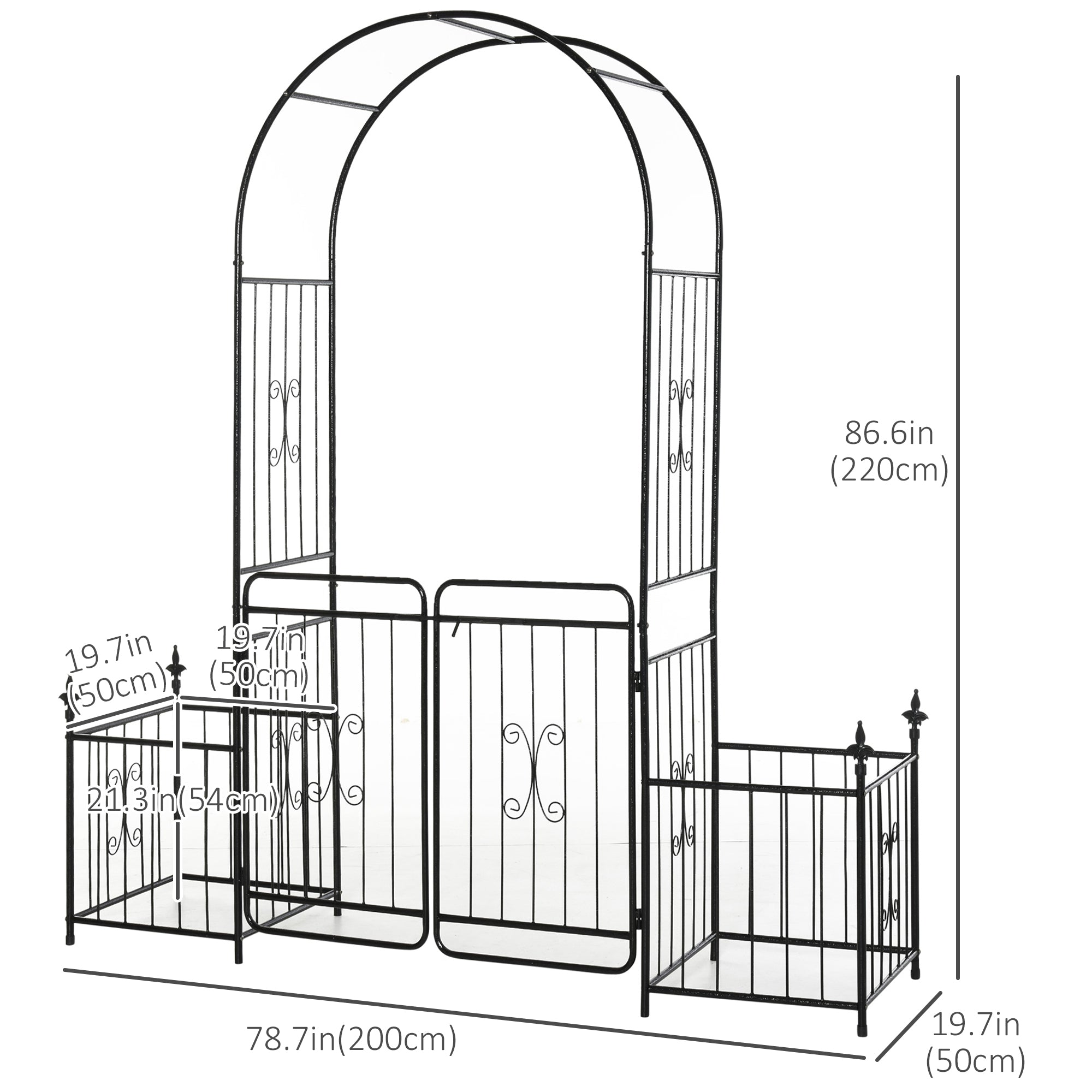 Metal Garden Arbor Arch with Double Doors, 2 Side Planter Baskets, Climbing Vine Frame, Black