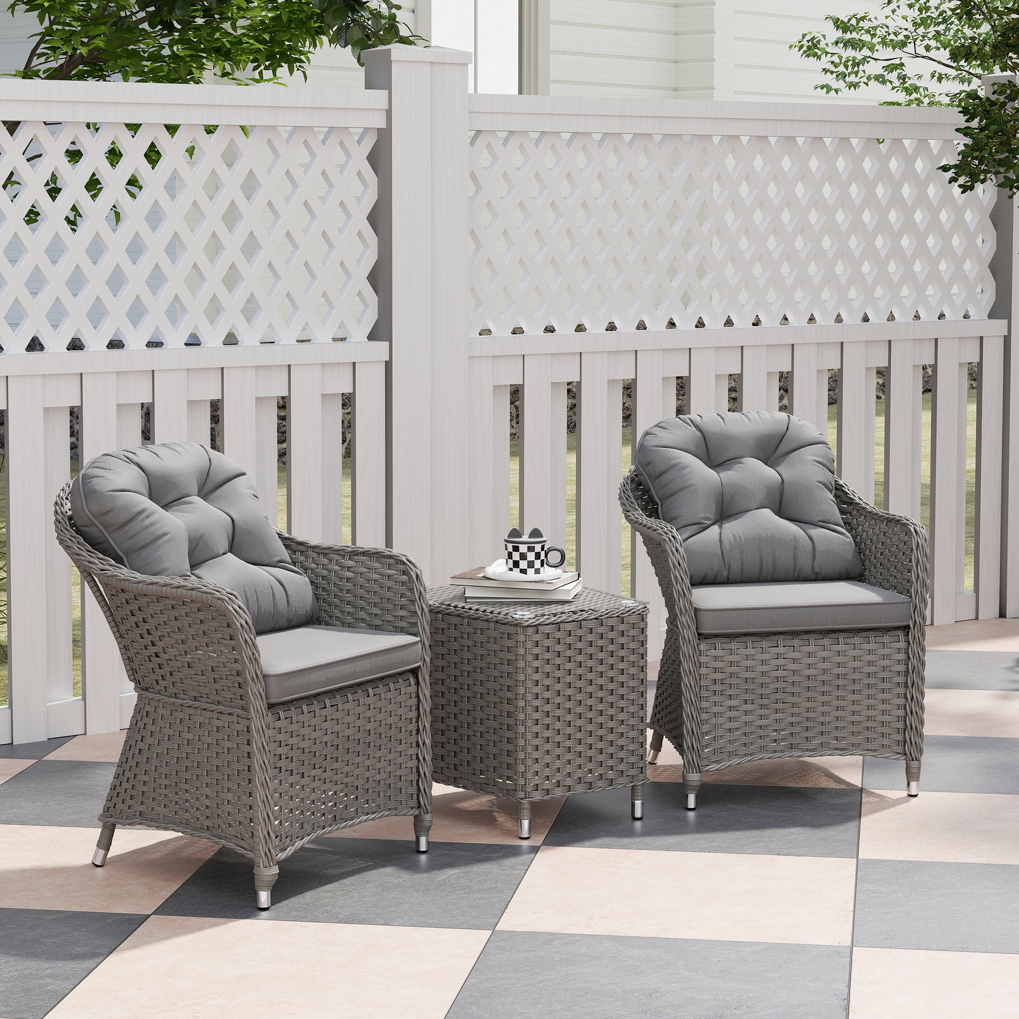 3 Piece Super Padded Rattan Patio Set with Armchairs & Coffee Table - Light Grey