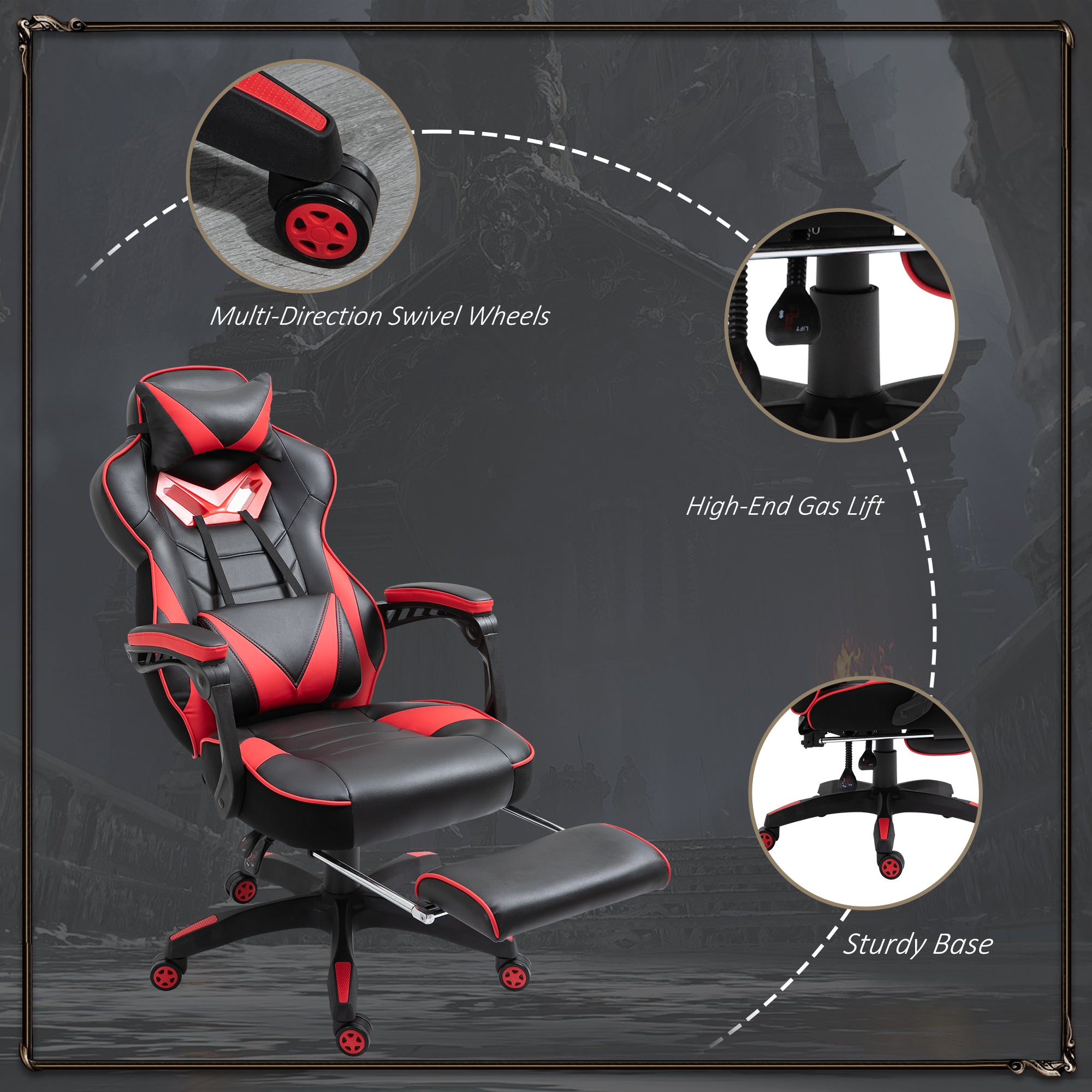 Computer Gaming Chair, Racing Desk Chair with Lumbar Support and Footrest, PU Leather Gamer Chair with Headrest and Swivel Wheels for Home, Red