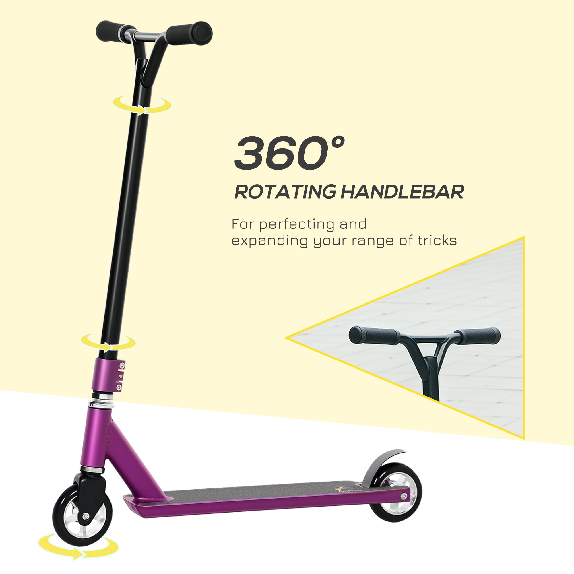 Stunt Scooter, 360° Entry Level Tricks Scooter w/ Lightweight Aluminium Deck and ABEC 7 Bearing, For Age 14+ Beginners, Purple