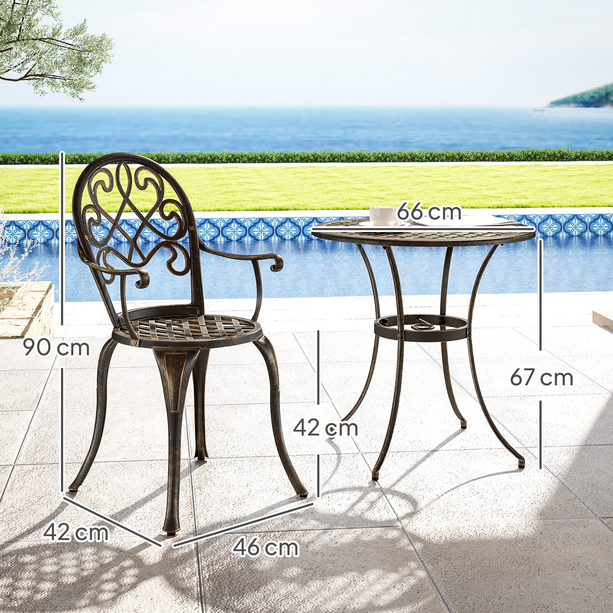 3 Piece Aluminium Garden Bistro Set with Adjustable Feet - Bronze Tone