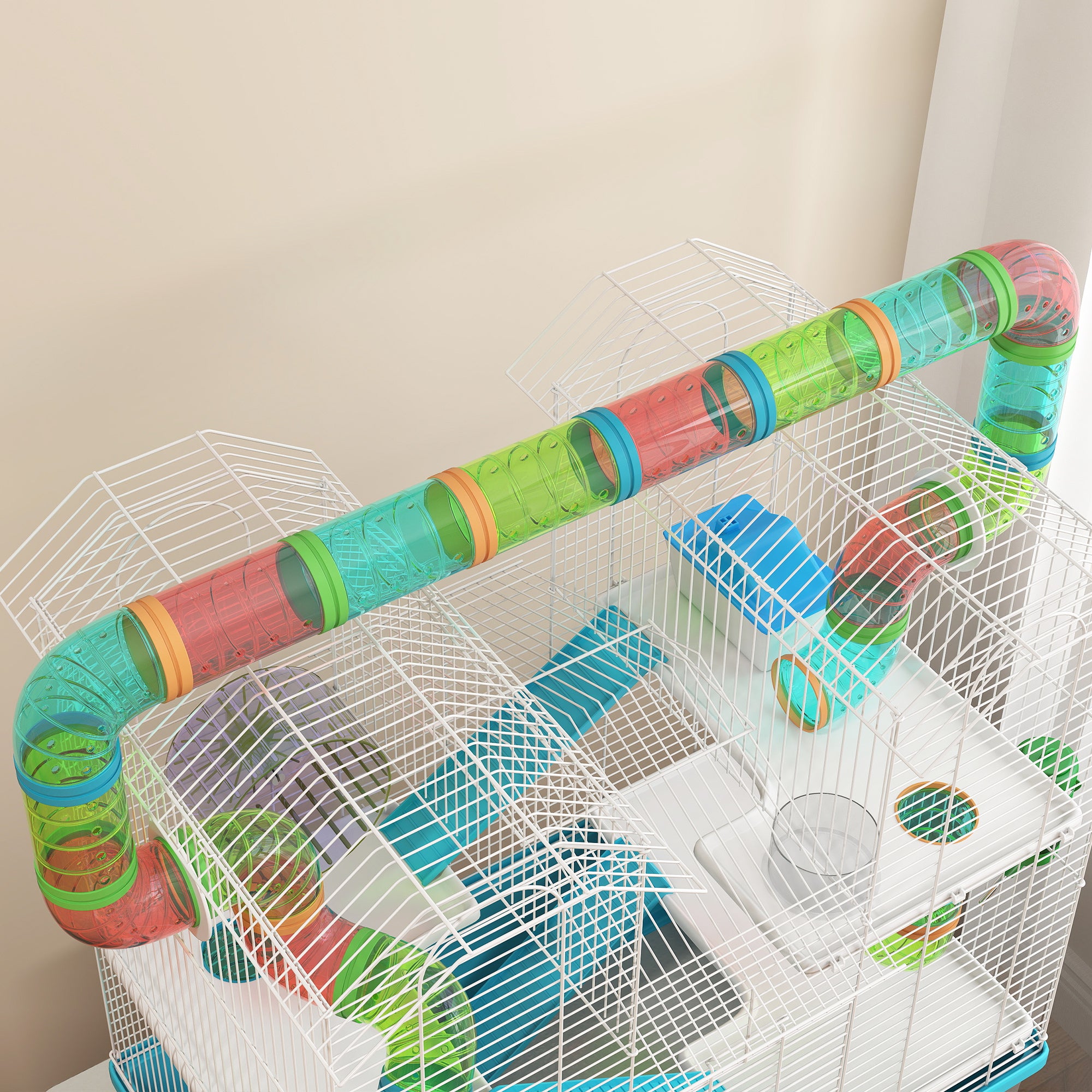 4 Tier Hamster Cage w/ Tubes, Exercise Wheel, Hut, Water Bottle, Food Dish, Ramps, for Drawf, 58 x 36 x 65cm, Light Blue