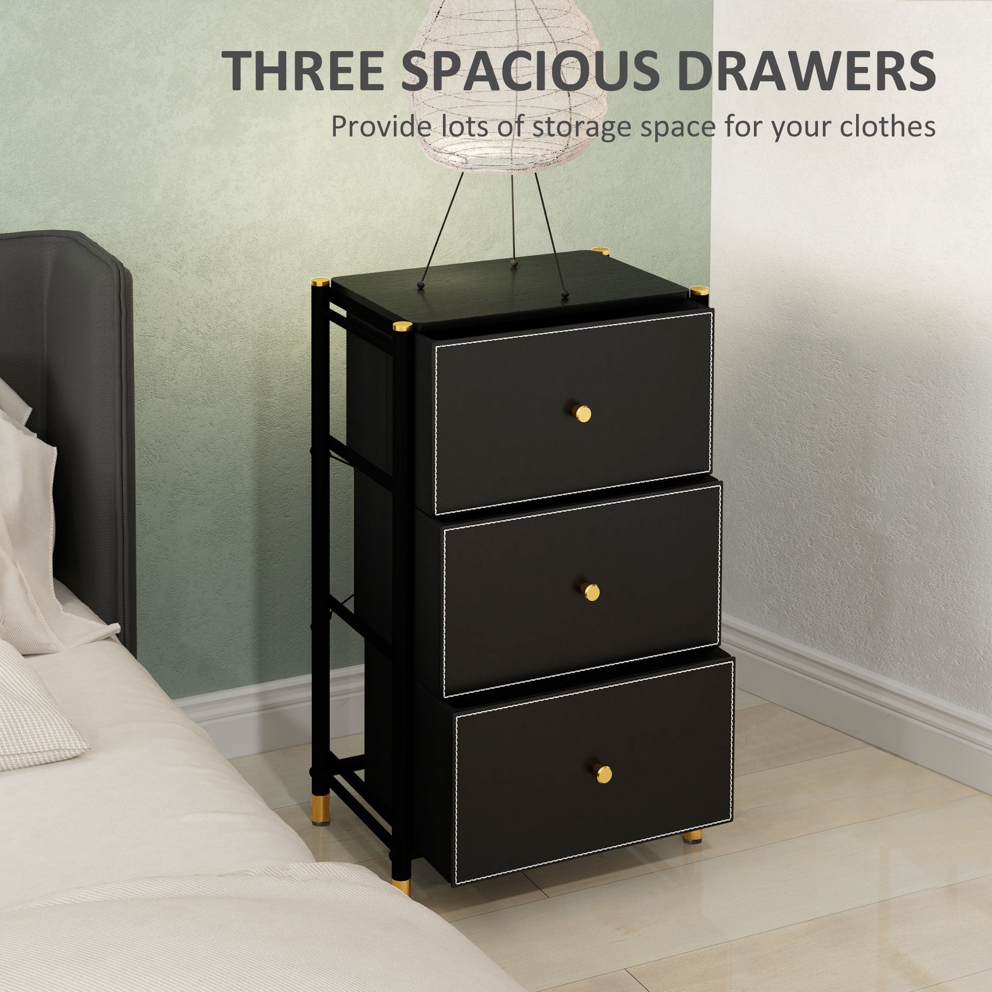 Faux Leather Front Chest of Three Drawers - Black