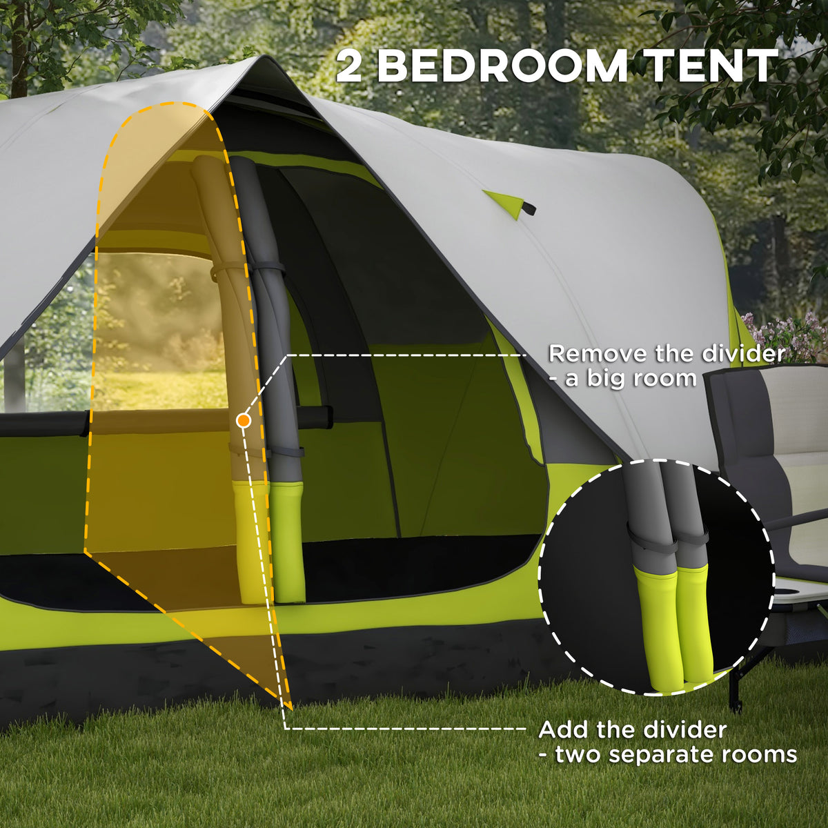 Spacious 2 Bedroom Camping Tent for 6-8 People with Removable Divider - Yellow