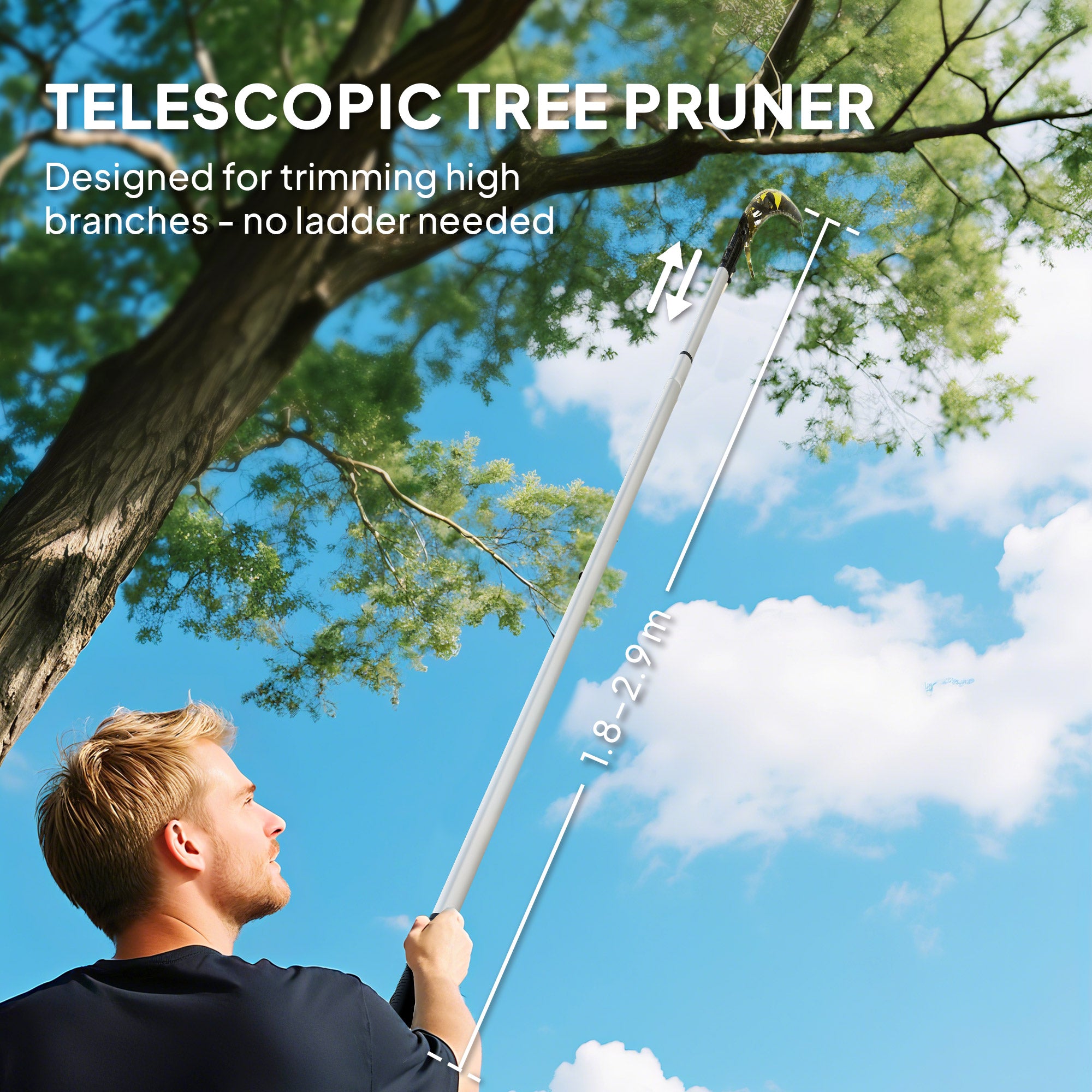 Manual Pole Saw, 1.8-2.9 m Extendable Tree Pruner, Tree Lopper Long Reach Telescopic with Extendable Handle & 40 cm Saw for Tree Trimming