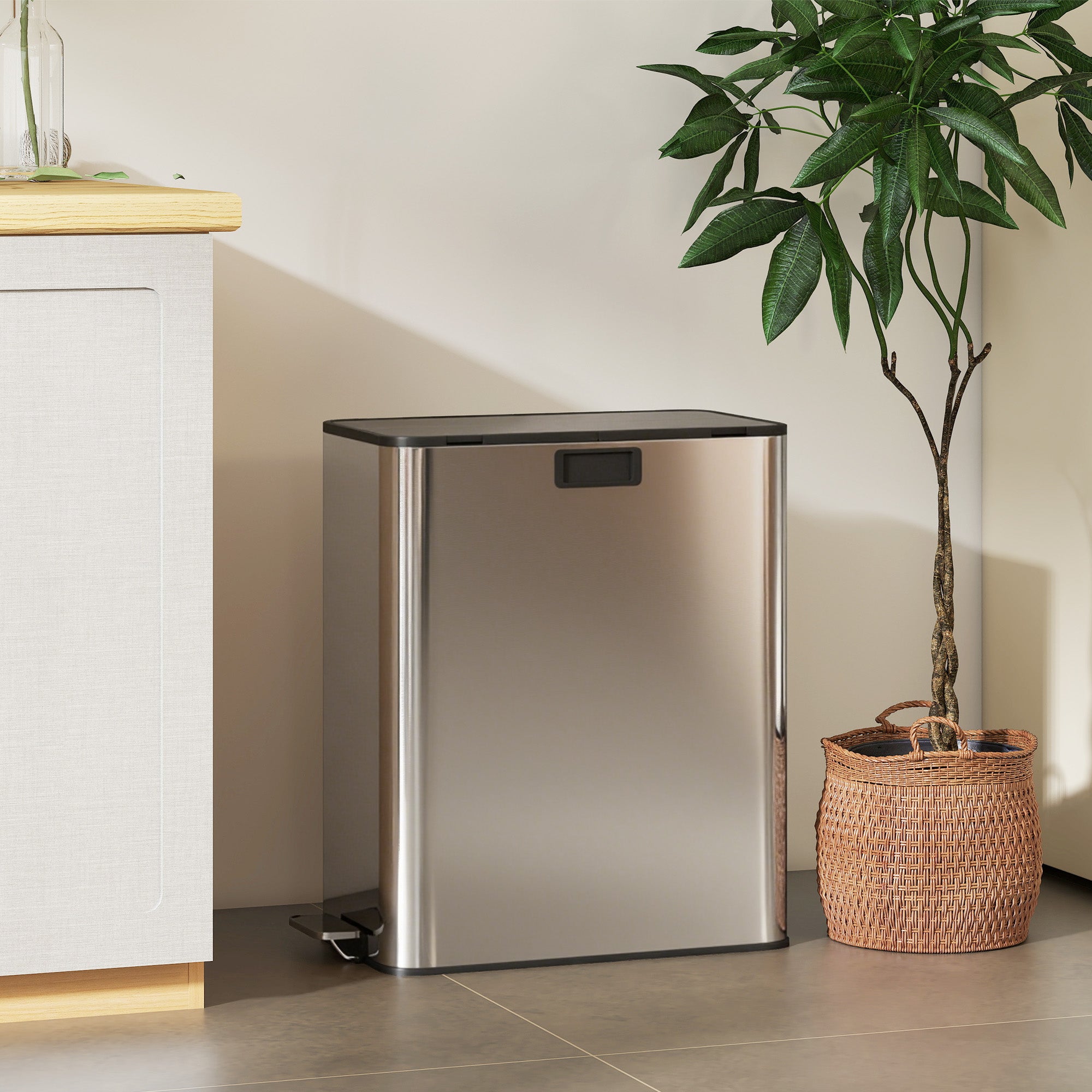 Dual Kitchen Bin with Soft-Close Butterfly Lid, 2 x 28L Stainless Steel Pedal Bin with Removable Inner Buckets, Fingerprint-Proof for Recycling and Waste, Silver Tone