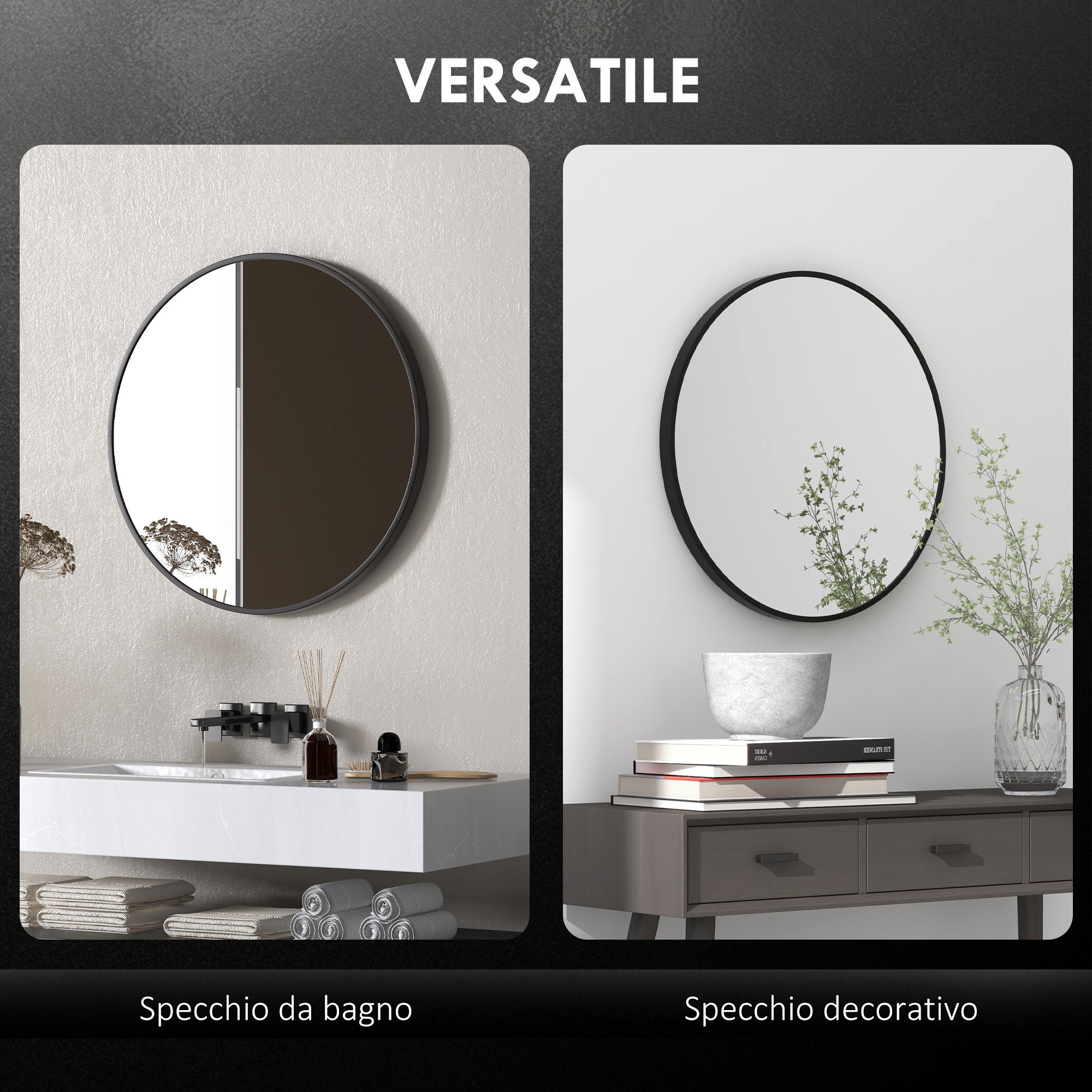 70cm Aluminium Frame Round Bathroom Mirror - Black