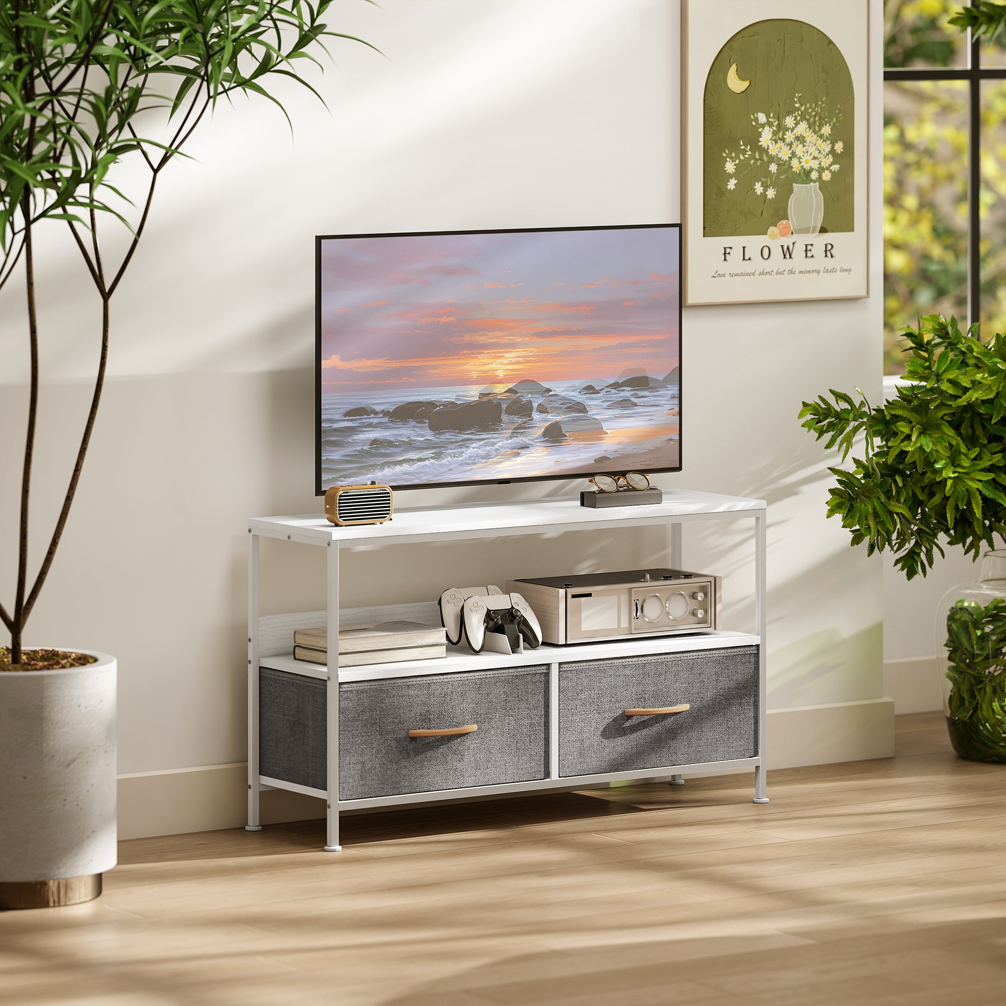 TV Stand Cabinet with 2 Foldable Drawers - White