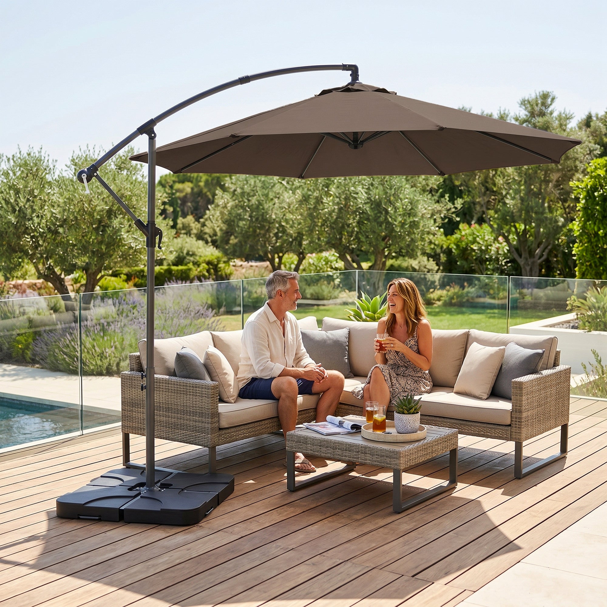 3m Overhanging Parasol, with Base, Weights and Cover - Coffee