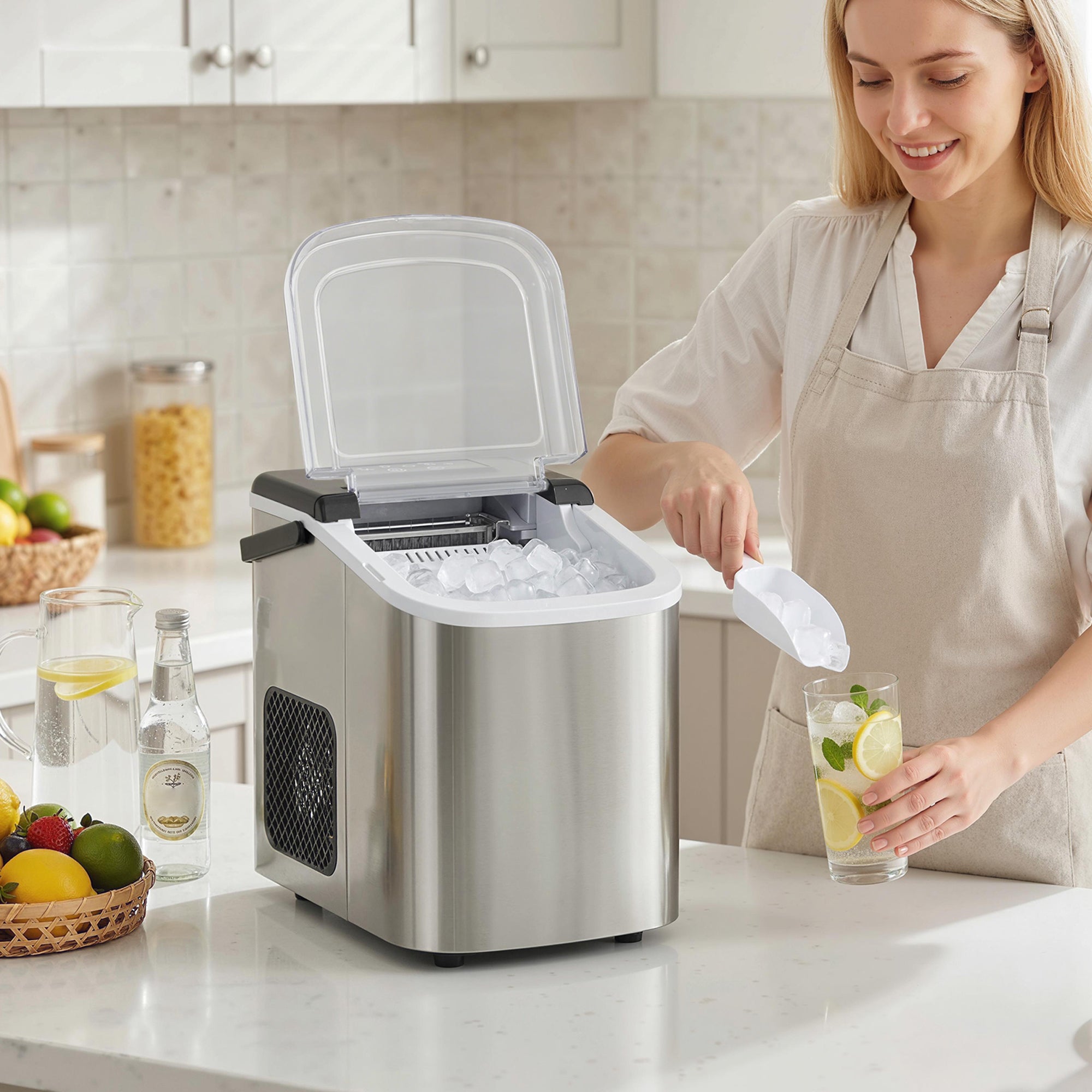 Ice Maker Machine Countertop, 9 Cubes Ready in 7 Mins, 12 KG in 24Hrs, 2 Sizes of Bullet, Self-Cleaning Ice Machine with Portable Handle, Scoop and Basket for Home Kitchen Office RV
