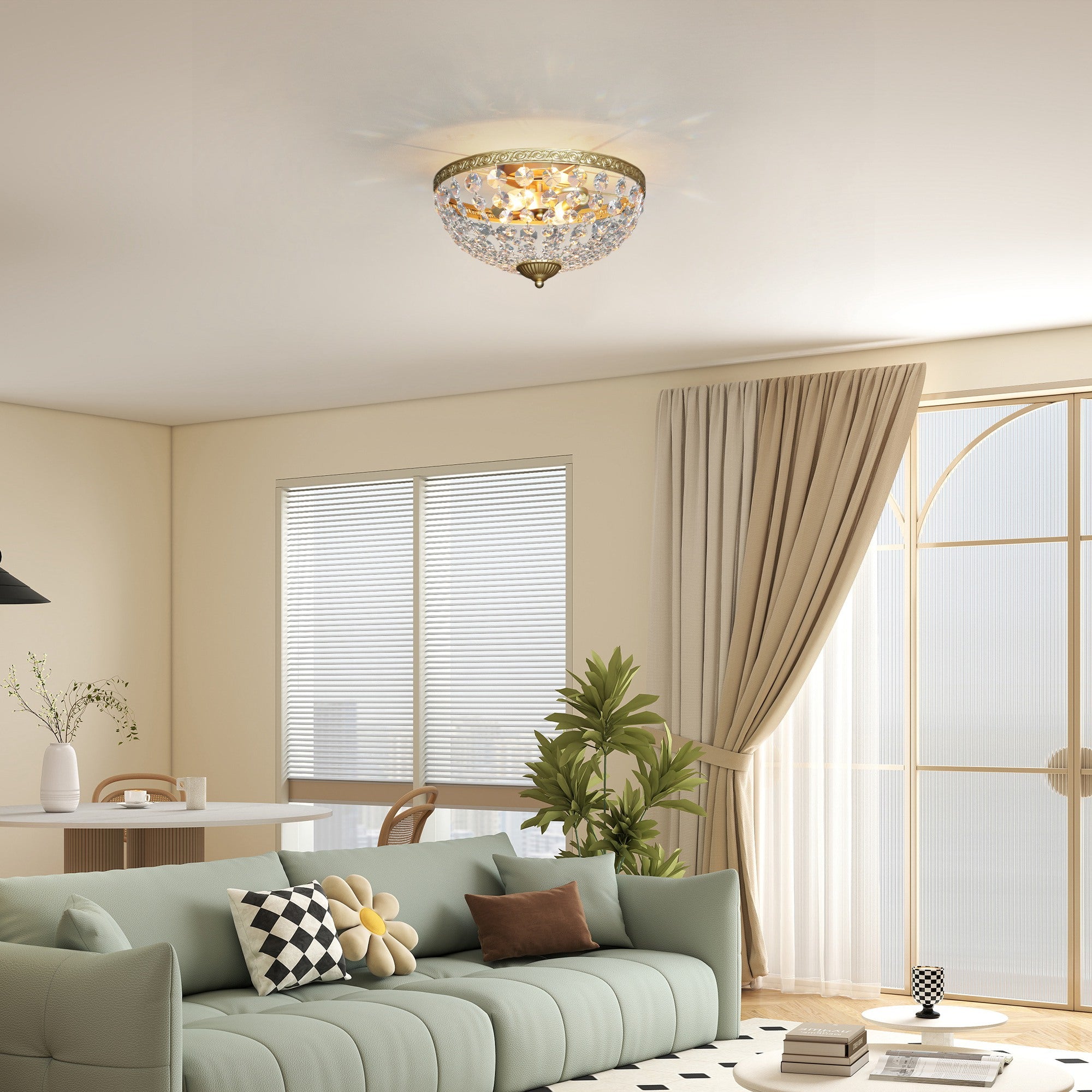 Crystal Chandelier Ceiling Light with 168 Octagonal Beads, Vintage 2-Light Flush Mount Ceiling Light for Living Room, Bedroom, Hallway, Dining Room, Gold Tone