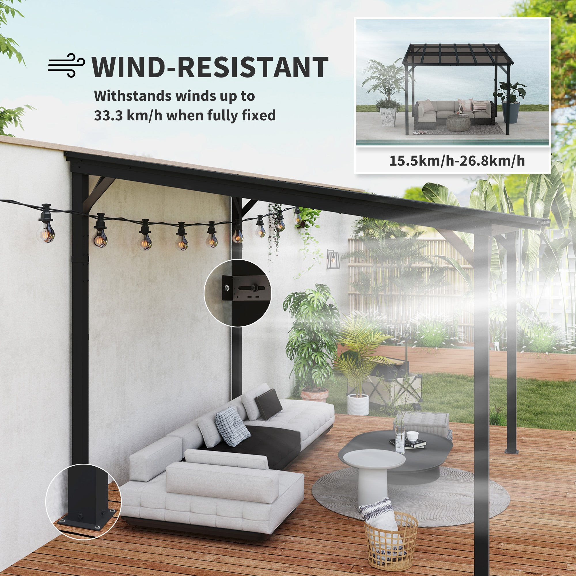 3 x 3(m) Metal Pergola with UPF 50+ and Waterproof Polycarbonate Roof, Wall-Mounted or Free Standing Garden Gazebo, Wind-resistant Outdoor Sun Shade, Dark Grey