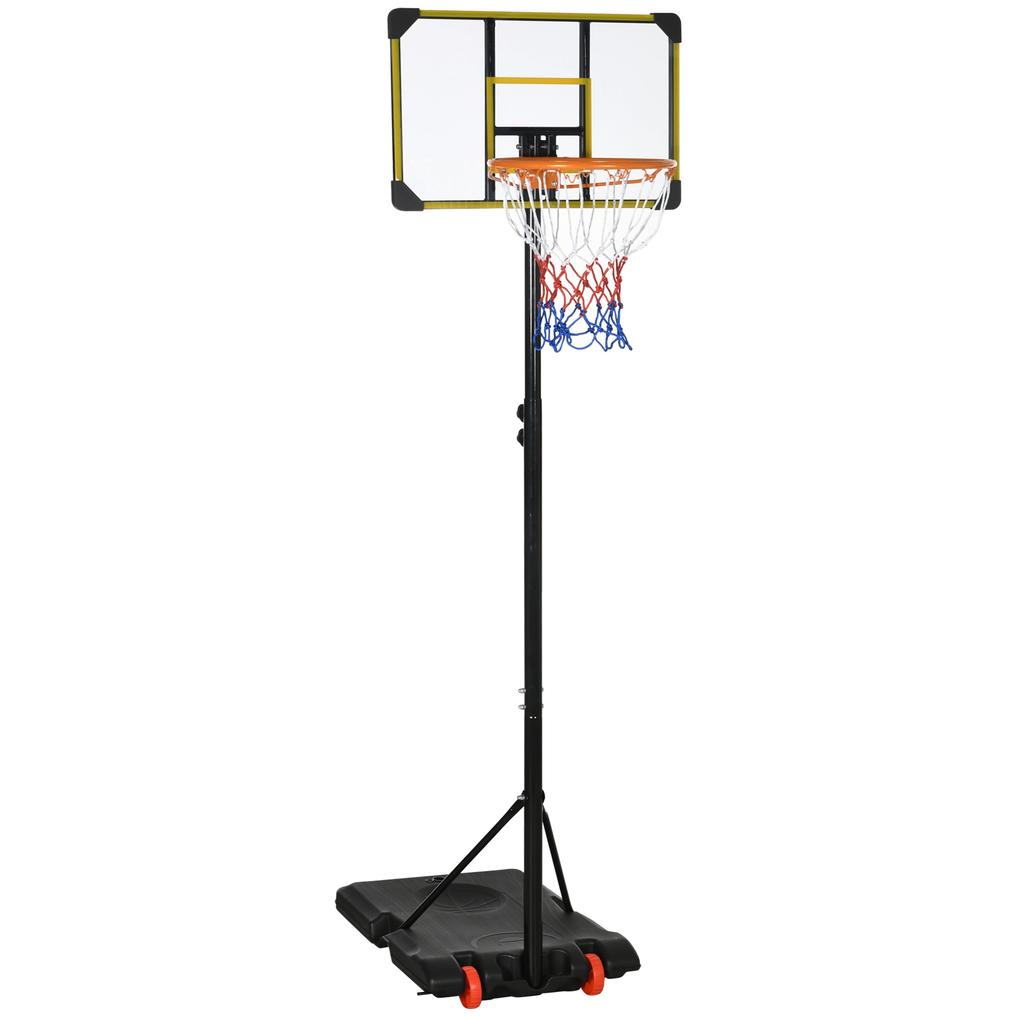 Height Adjustable Basketball Hoop and Stand with Firm Backboard and Weighted Base, Portable on Wheels, Yellow