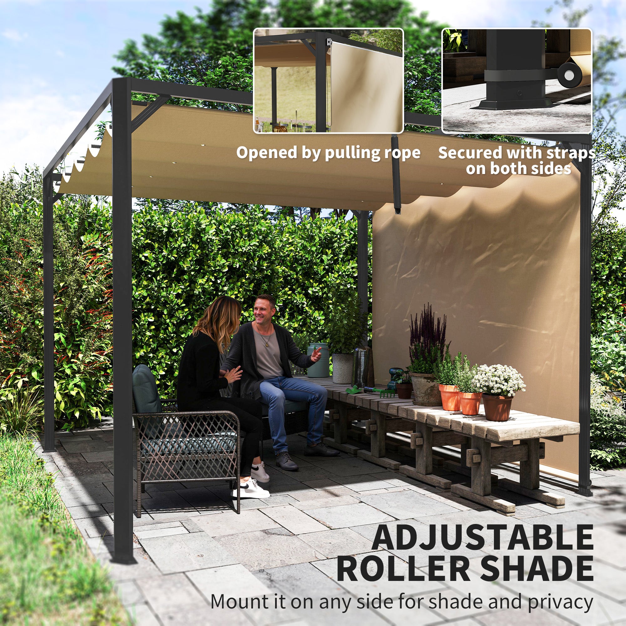 3 x 3 Metre Aluminium Pergola Set with Retractable Roof and Wall - Khaki