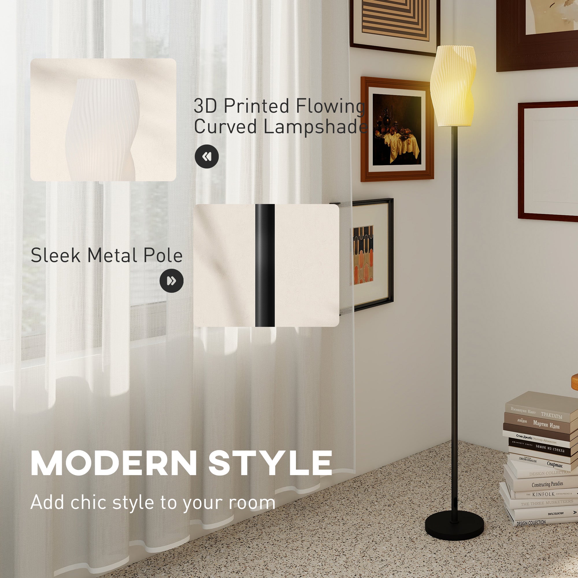 Floor Lamp for Living Room, 3D Printed Modern Standing Lamp with Flowing Curved Shade & Foot Switch, Minimalist Tall Pole Lampshade for Bedroom, Office, E27 Holder without Bulb (25W Max), White