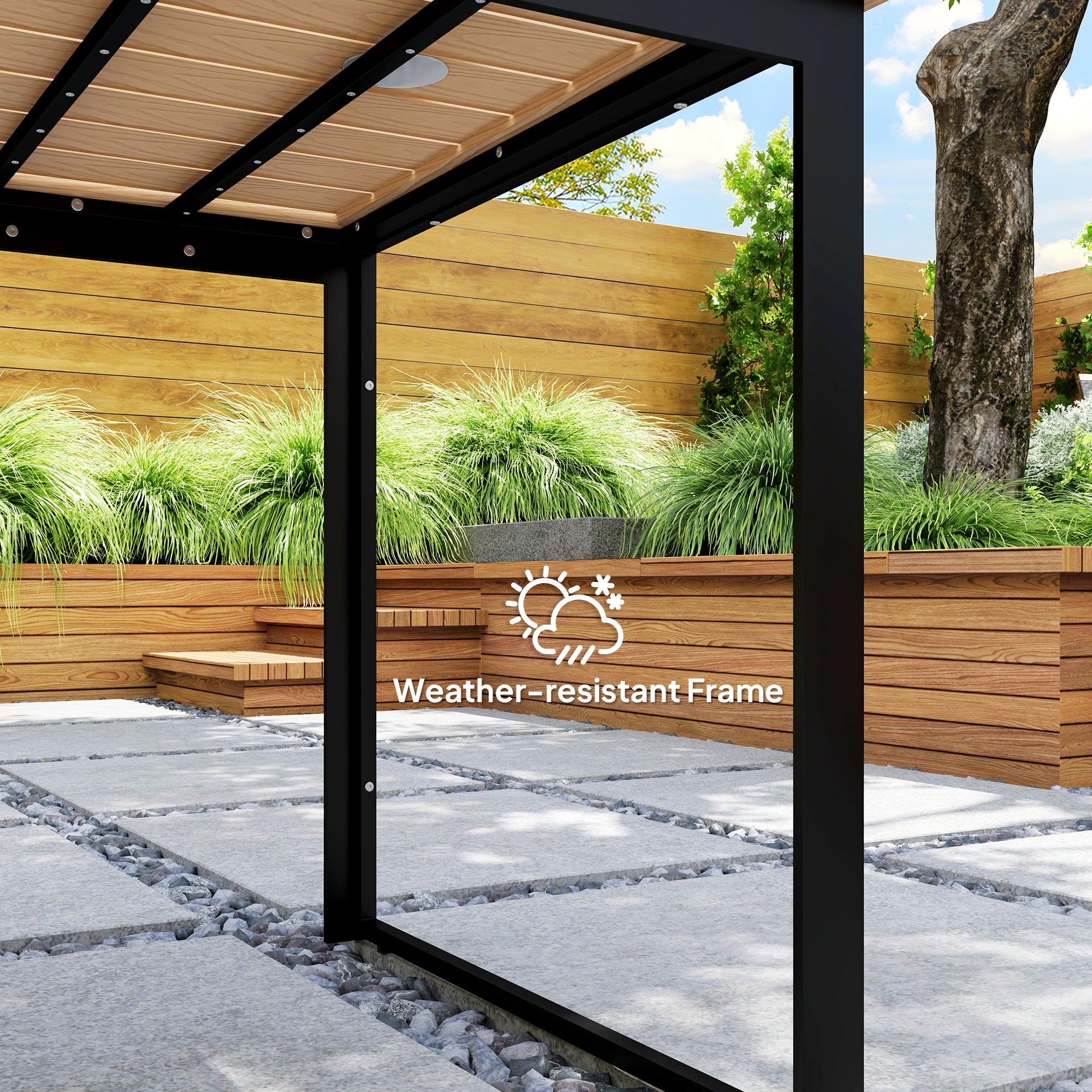 6 Seater Teak Effect Outdoor Dining Table with Metal Frame