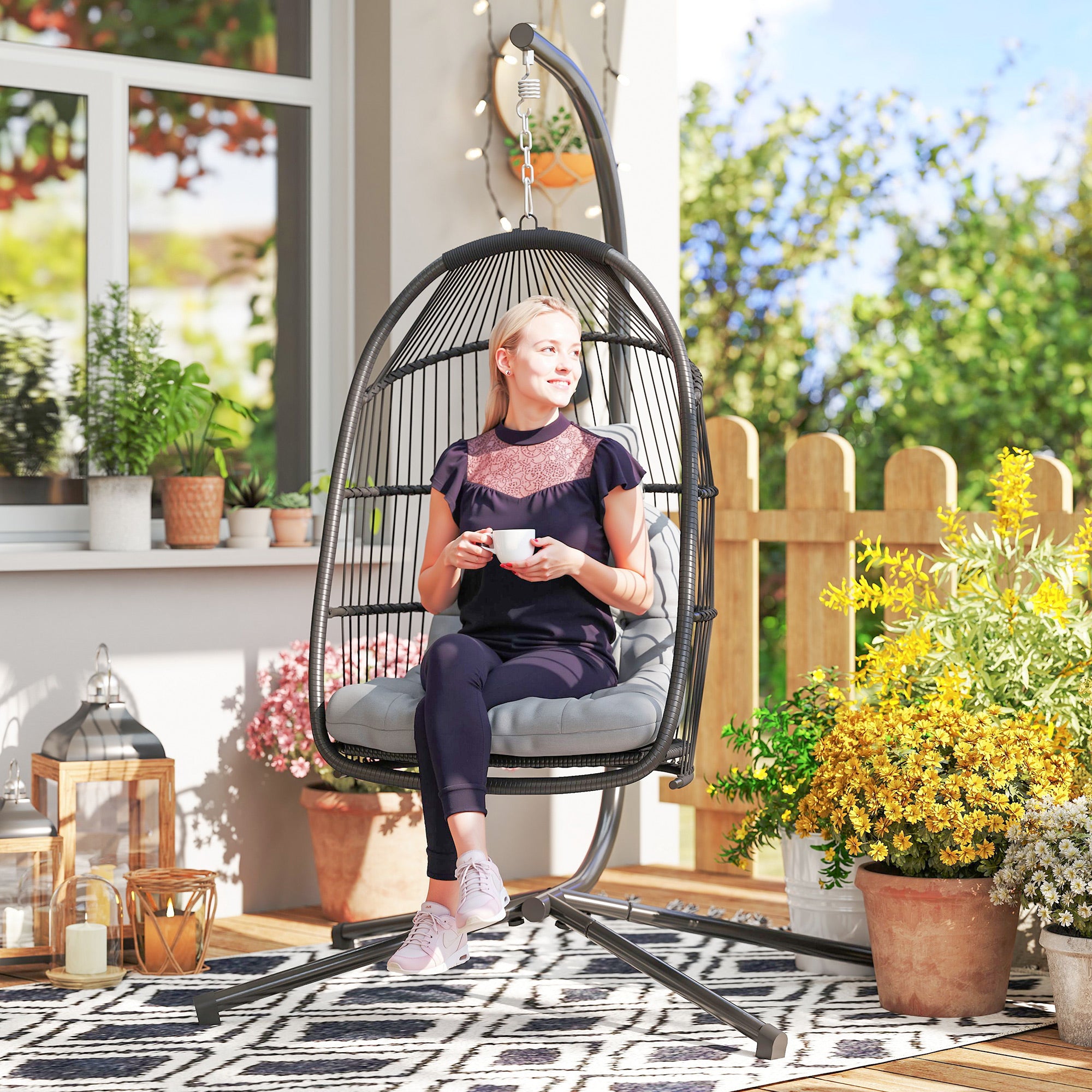 Rattan Hanging Egg Chair with Stand, Foldable Wicker Swing Egg Chair with Cushion, Head Pillow, Steel Frame, Hammock Chair for Indoor Outdoor, Capacity 150 kg, Dark Grey