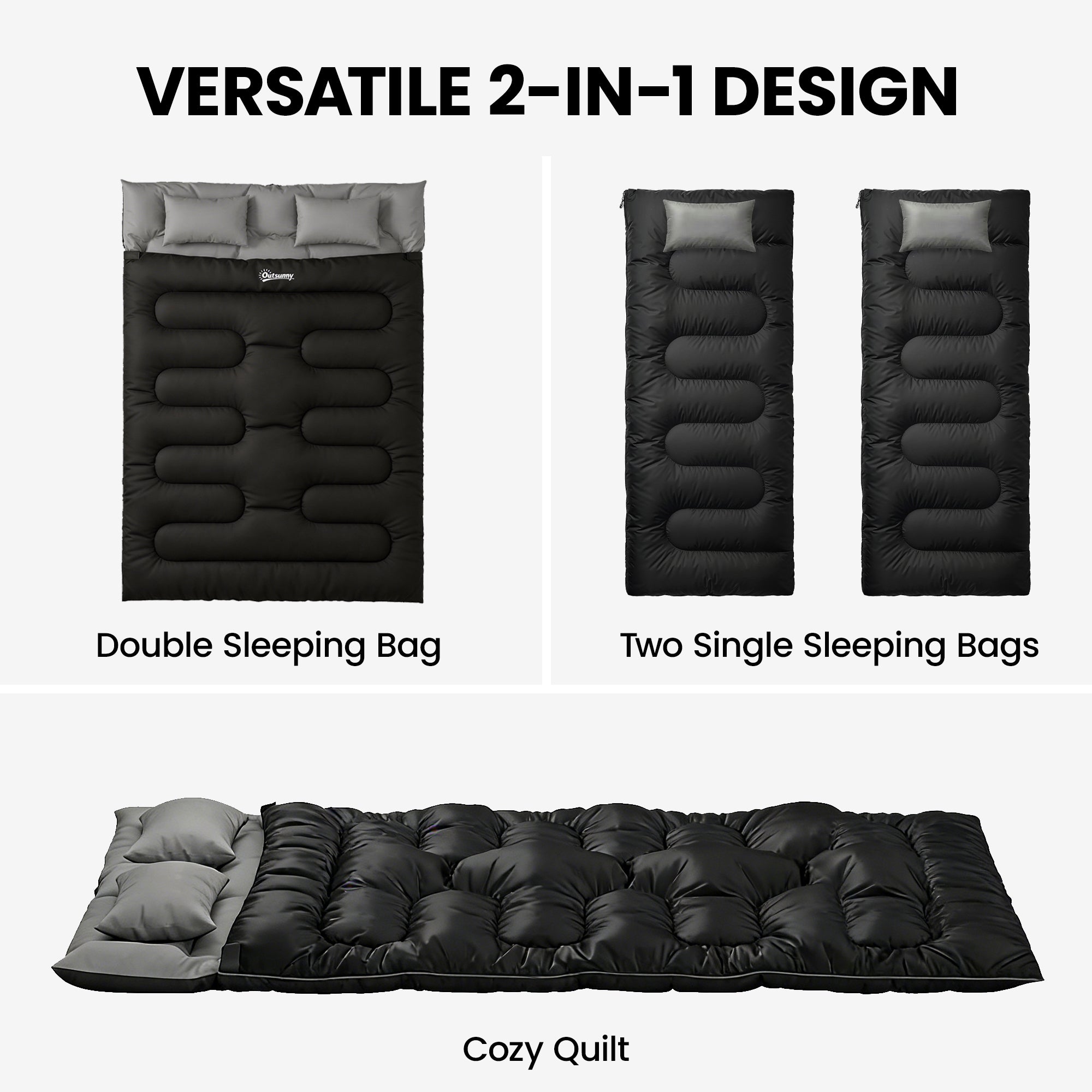Double Sleeping Bag with 2 Pillows, 220 x 160 cm Extra-Large Sleeping Bag for Adults, Black