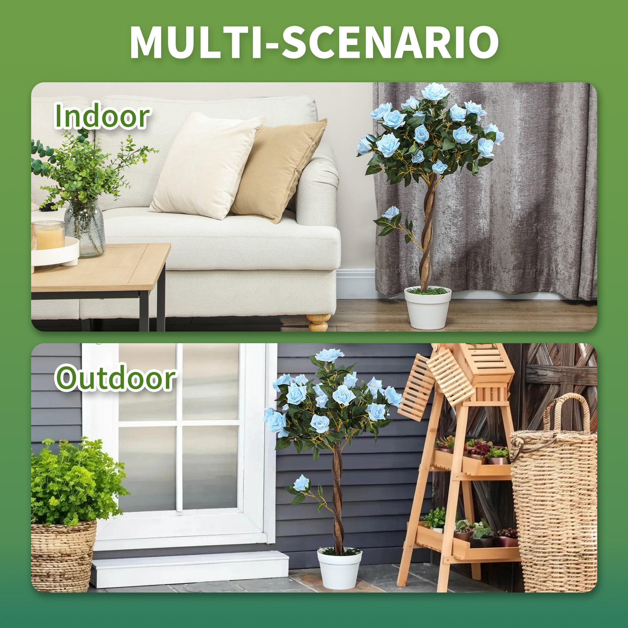 Set of 2 Artificial Plants White Rose Floral in Pot, Fake Plants for Home Indoor Outdoor Decor, 90cm, Light Blue