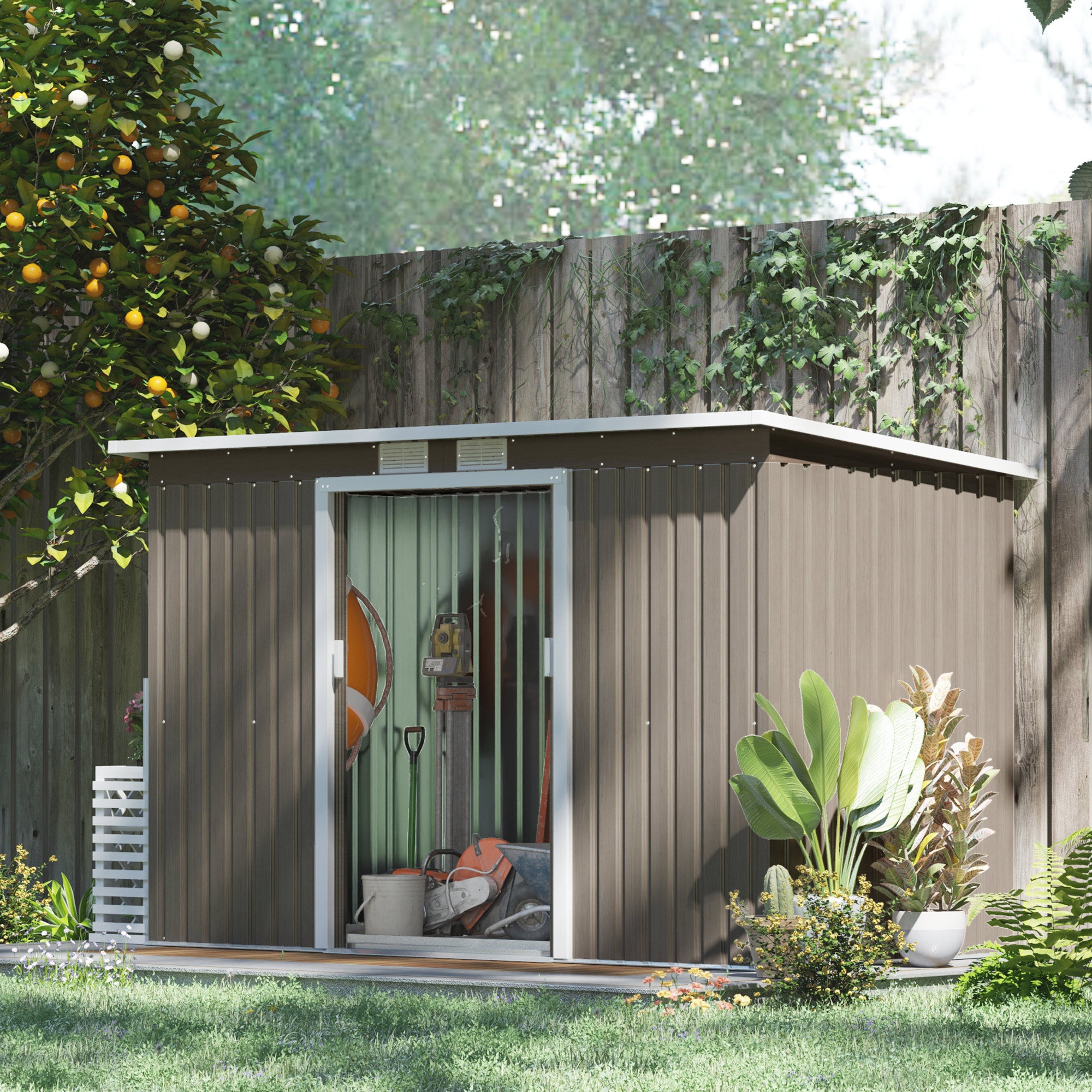 9ft x 4ft Metal Garden Shed with Foundation Kit and Ventilation - Light Grey Wood Grain