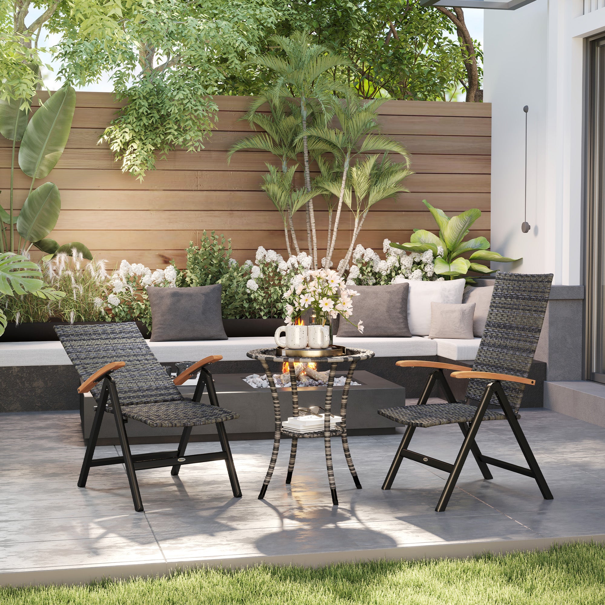 2 Pieces Outdoor Foldable Dining Chair with Armrests, High Backrest, for Garden, Camping, Balcony, Mixed-grey