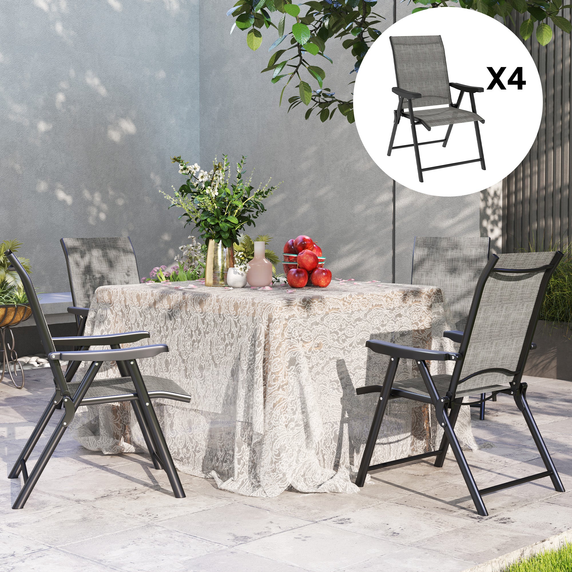 Set of 4 Folding Outdoor Chairs with Breathable Mesh Seats - Black Grey