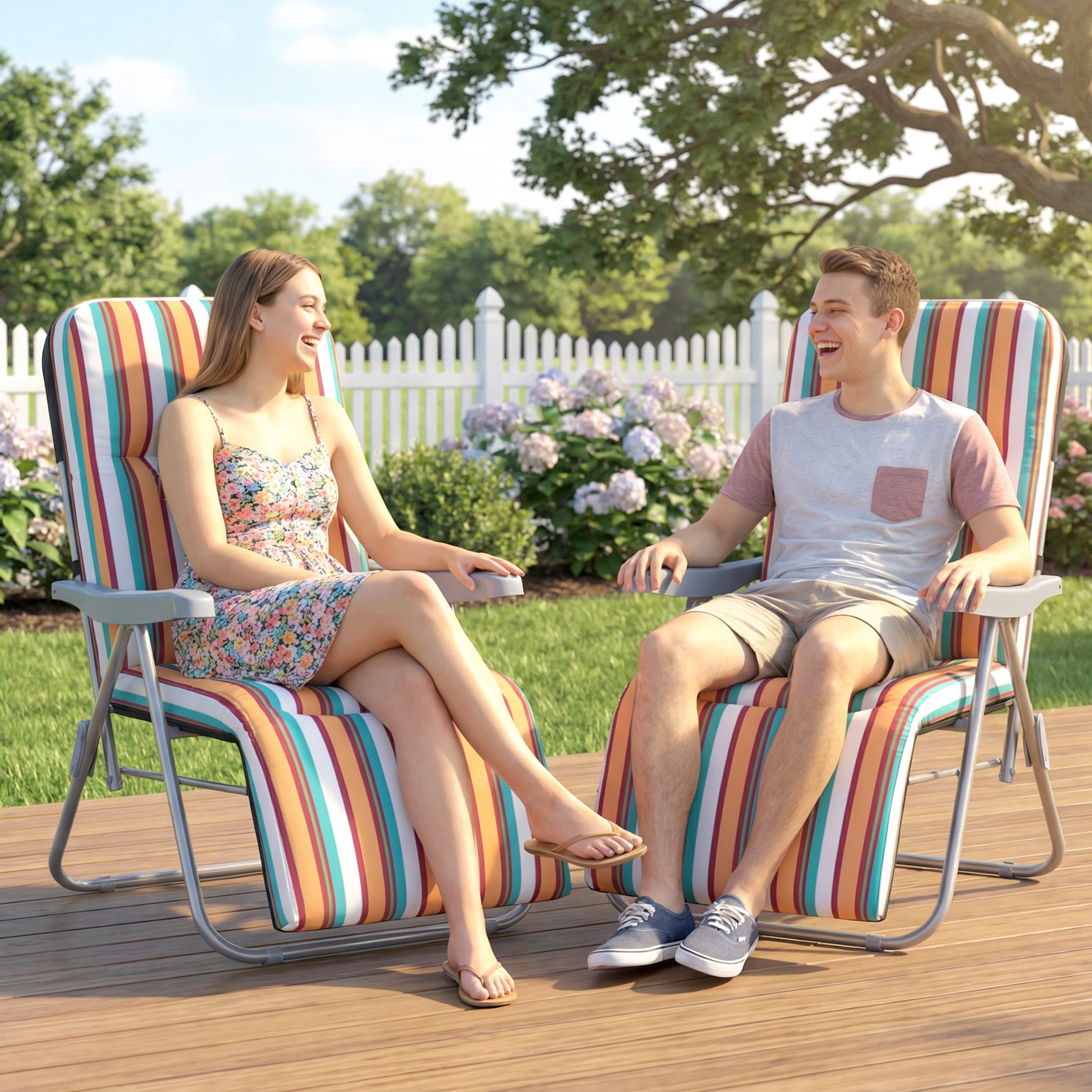 Set of 2 Foldable Patio Sun Lounger with Adjustable Backrest and Cushion, Multicoloured