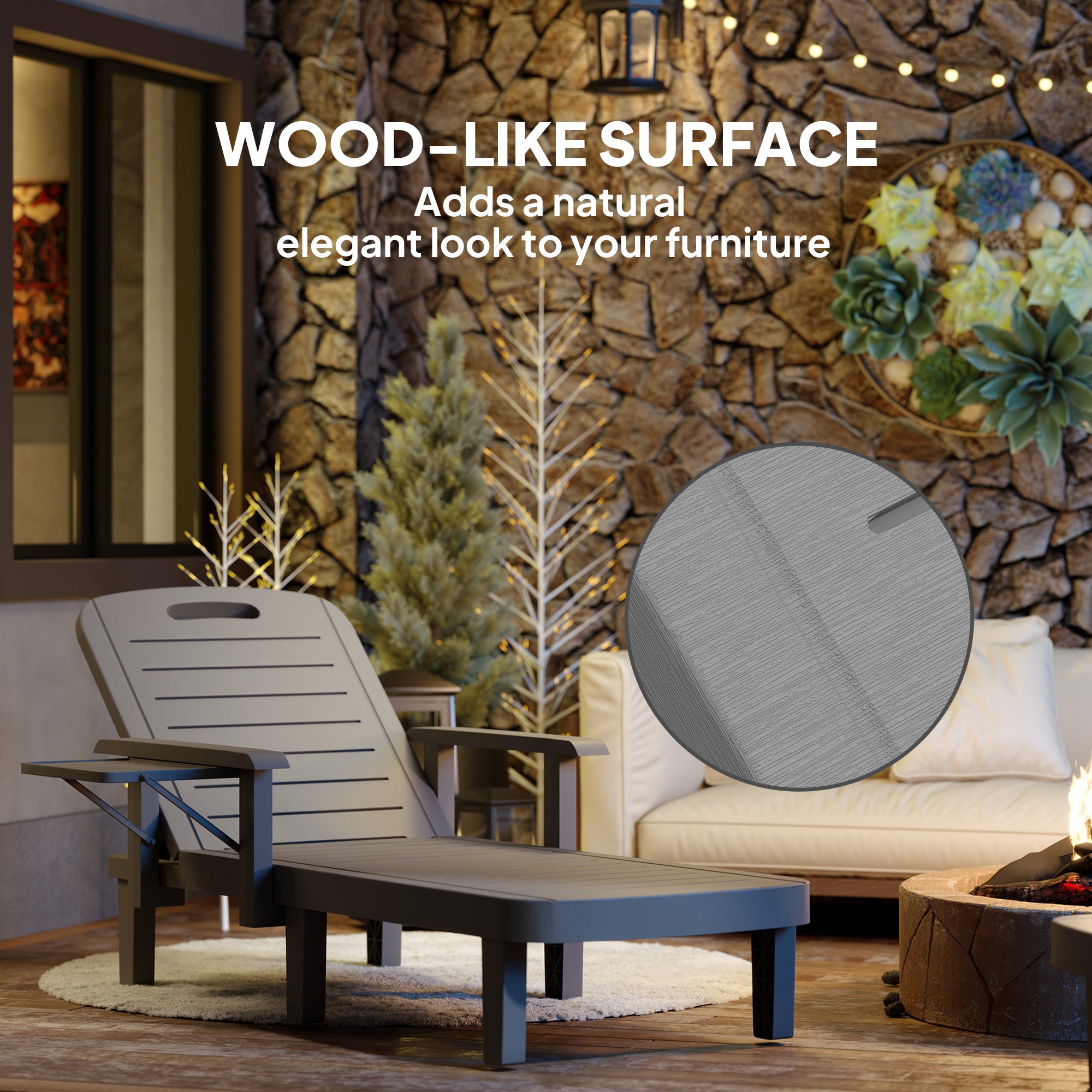 Set of 2 Resin Reclining Sun Loungers for Garden, 5 Positions Adjustable Outdoor Chaise Lounge Chairs with Wood Texture Surface, Armrests, Foldable Side Table for Garden, Beach, Dark Grey