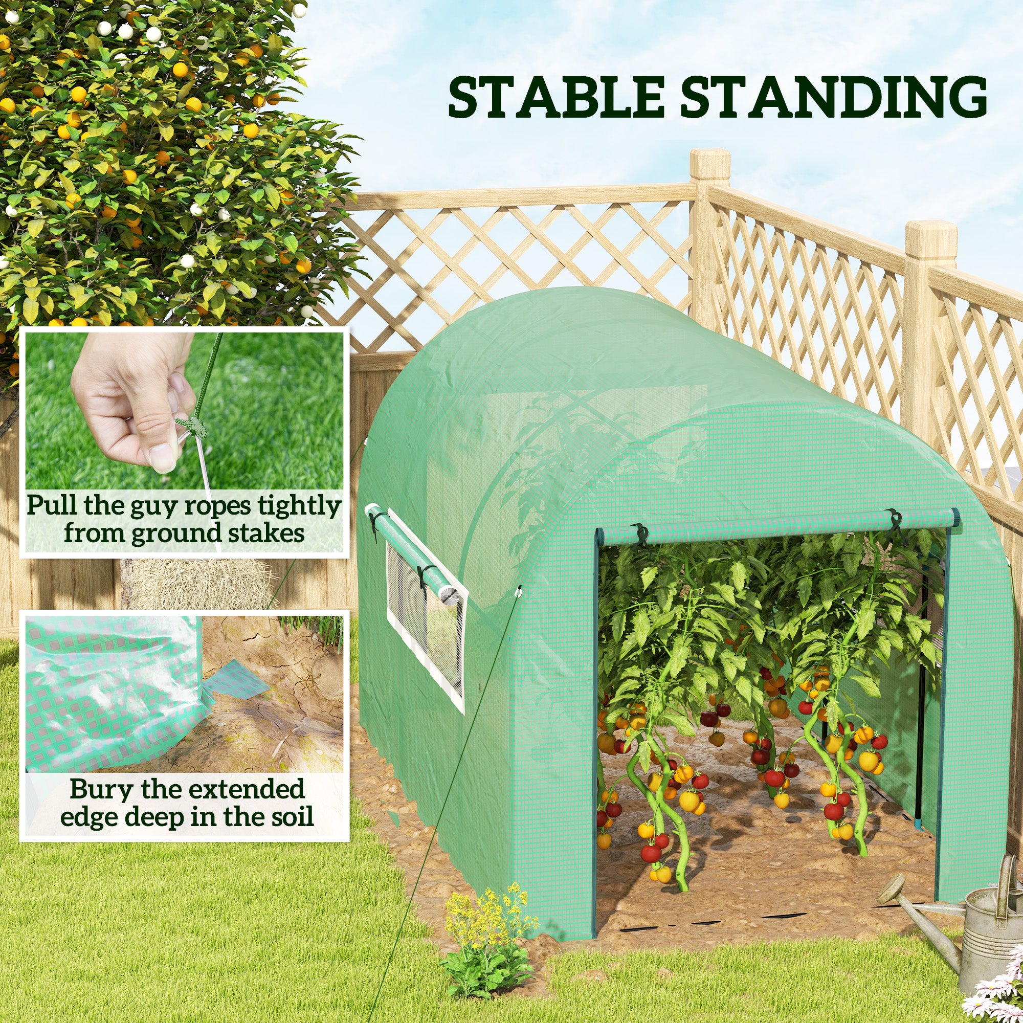 300 x 200cm Walk-In Polytunnel Greenhouse with Zipped Doors - Green