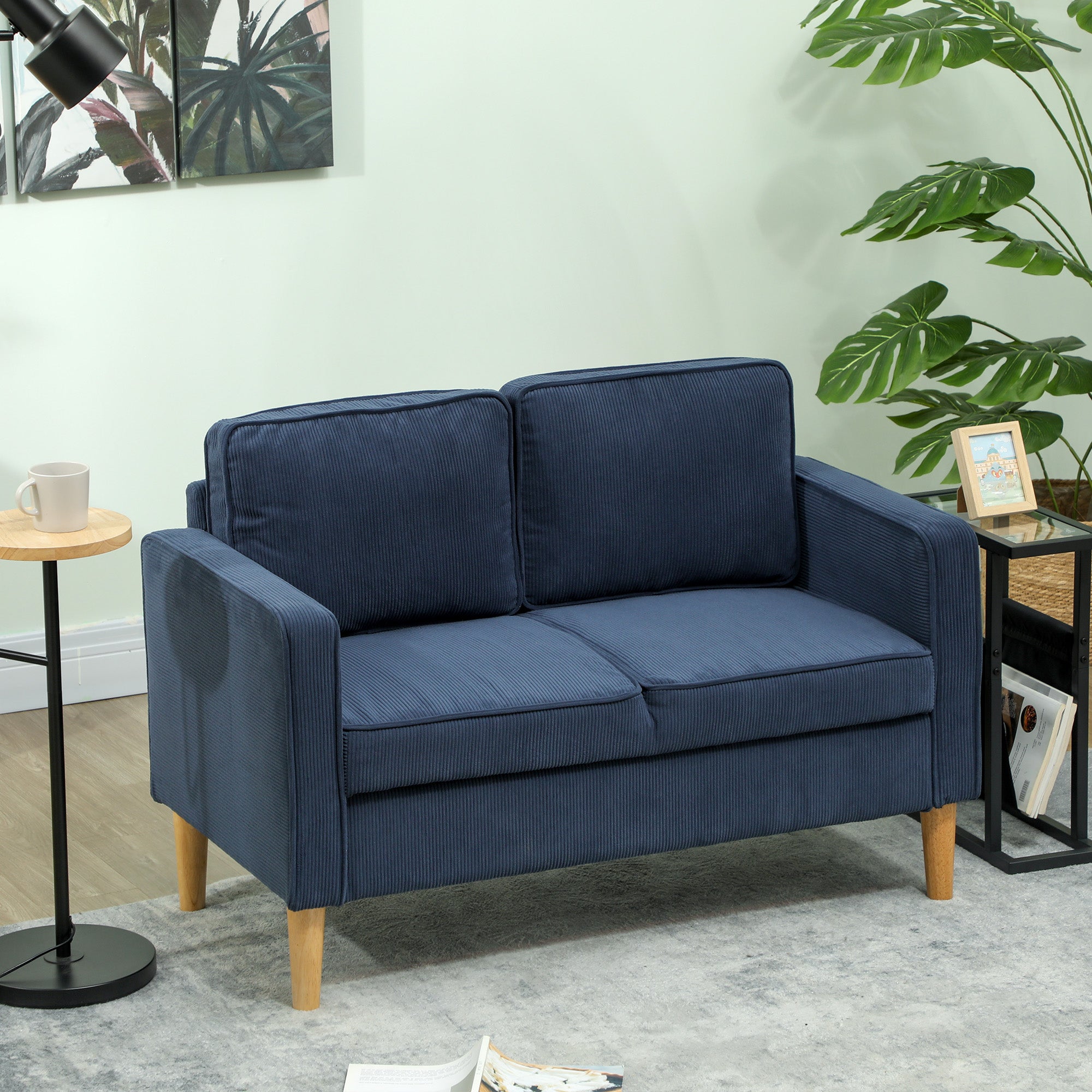 Small Two-Seater Corduroy Sofa - Blue