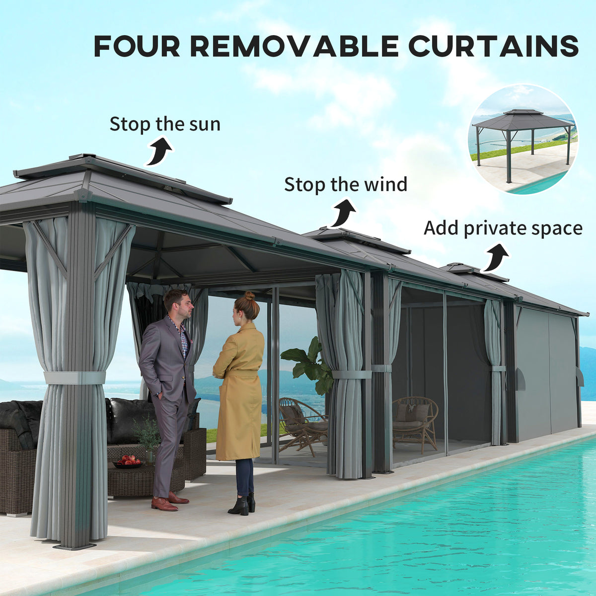 3x4m Hardtop Garden Gazebo with UPF30+ Double Polycarbonate Roof, Aluminium Frame, Mosquito Net & Curtains - Grey