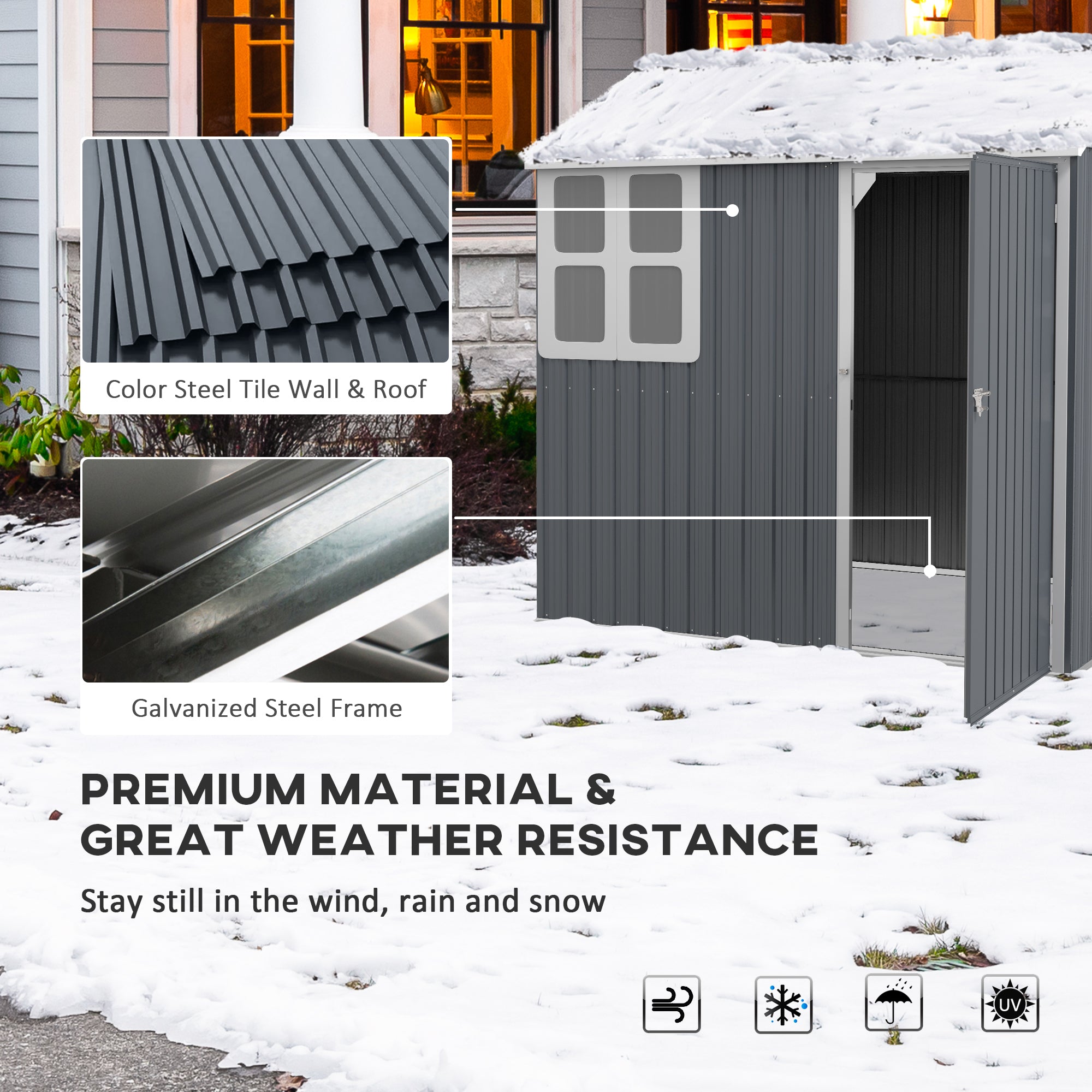 7ft x 6ft Galvanised Metal Garden Shed with Window - Dark Grey