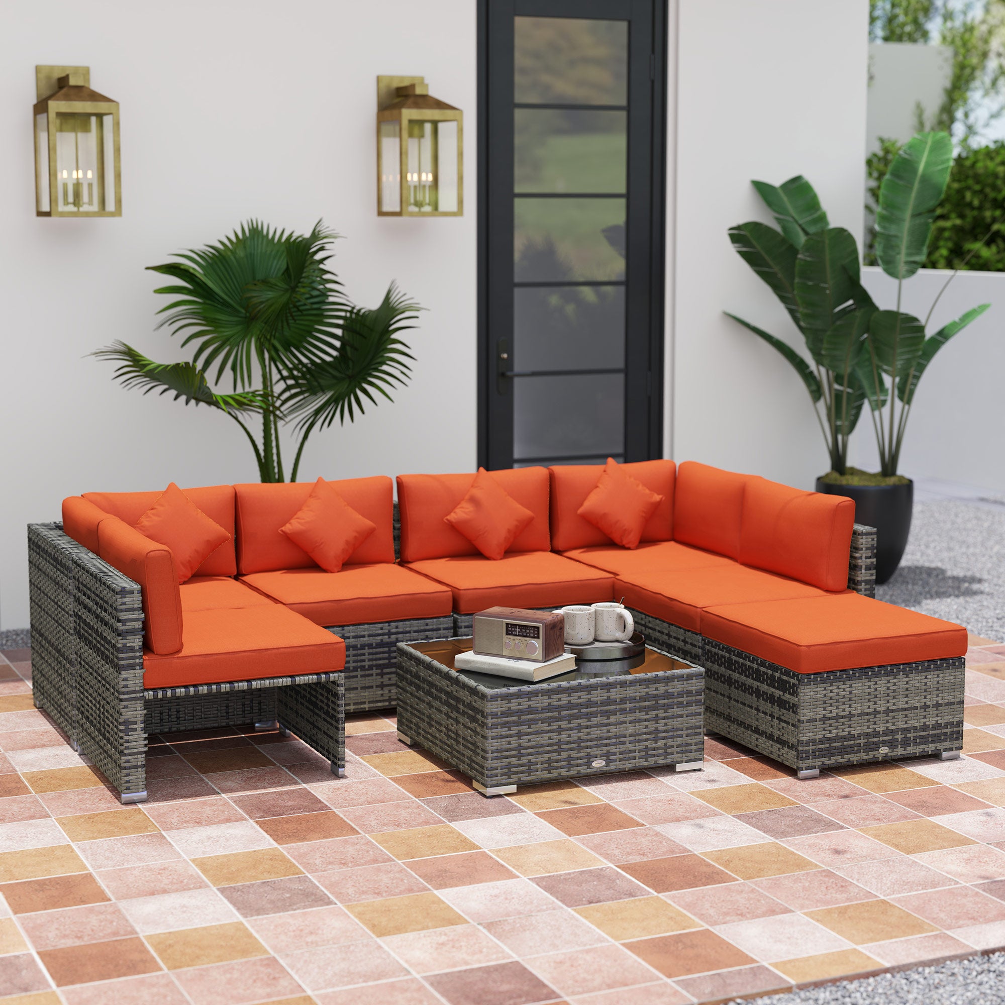 8 Piece Steel Frame Rattan Sofa Set with Cushions - Orange Grey