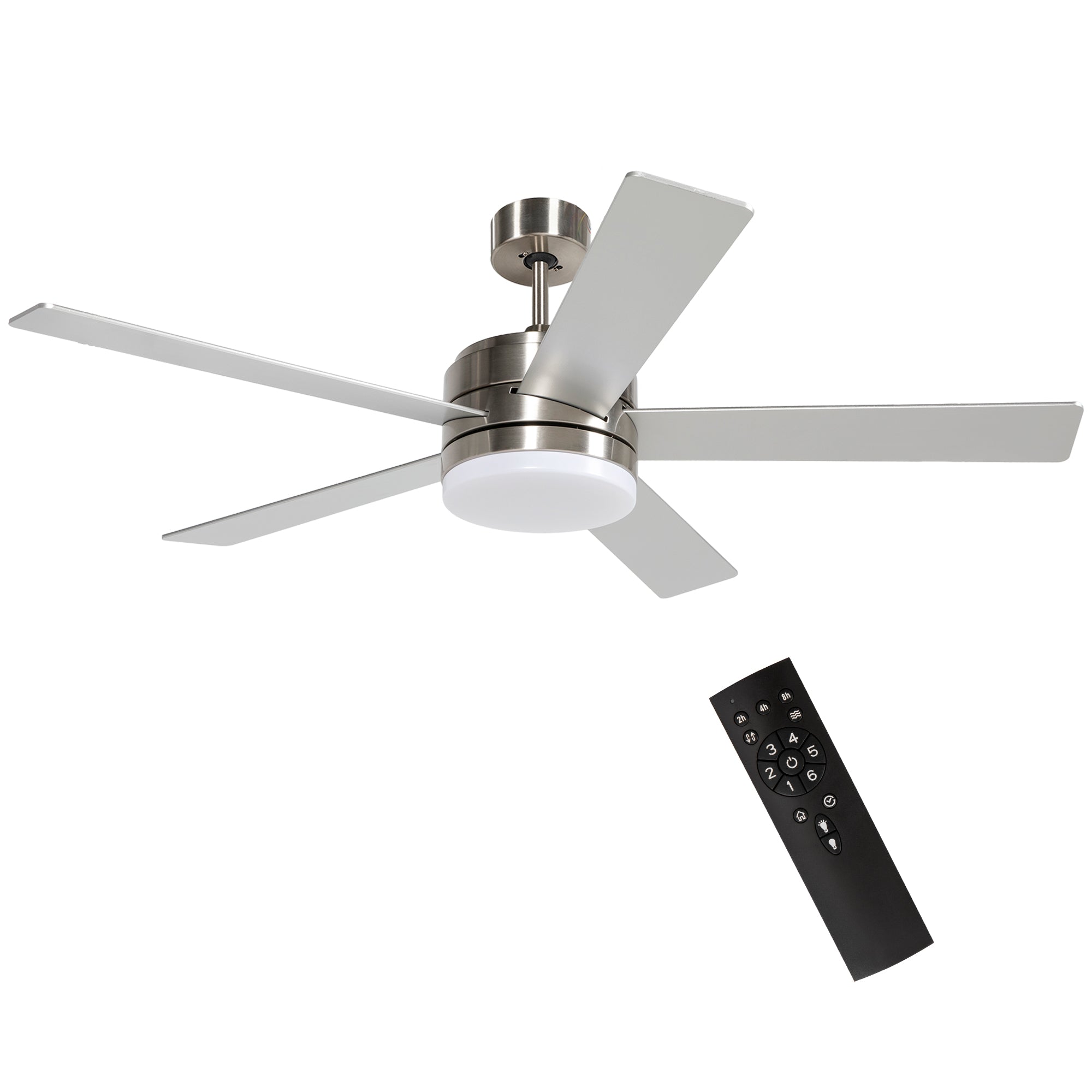 52" Ceiling Fans with Light and Remote, 132CM LED Ceiling Fan with 5 Blades, 5-Speed, Timer, Quiet Reversible DC Motor, for Bedroom, Living Room, Silver and Beech Wood-effect