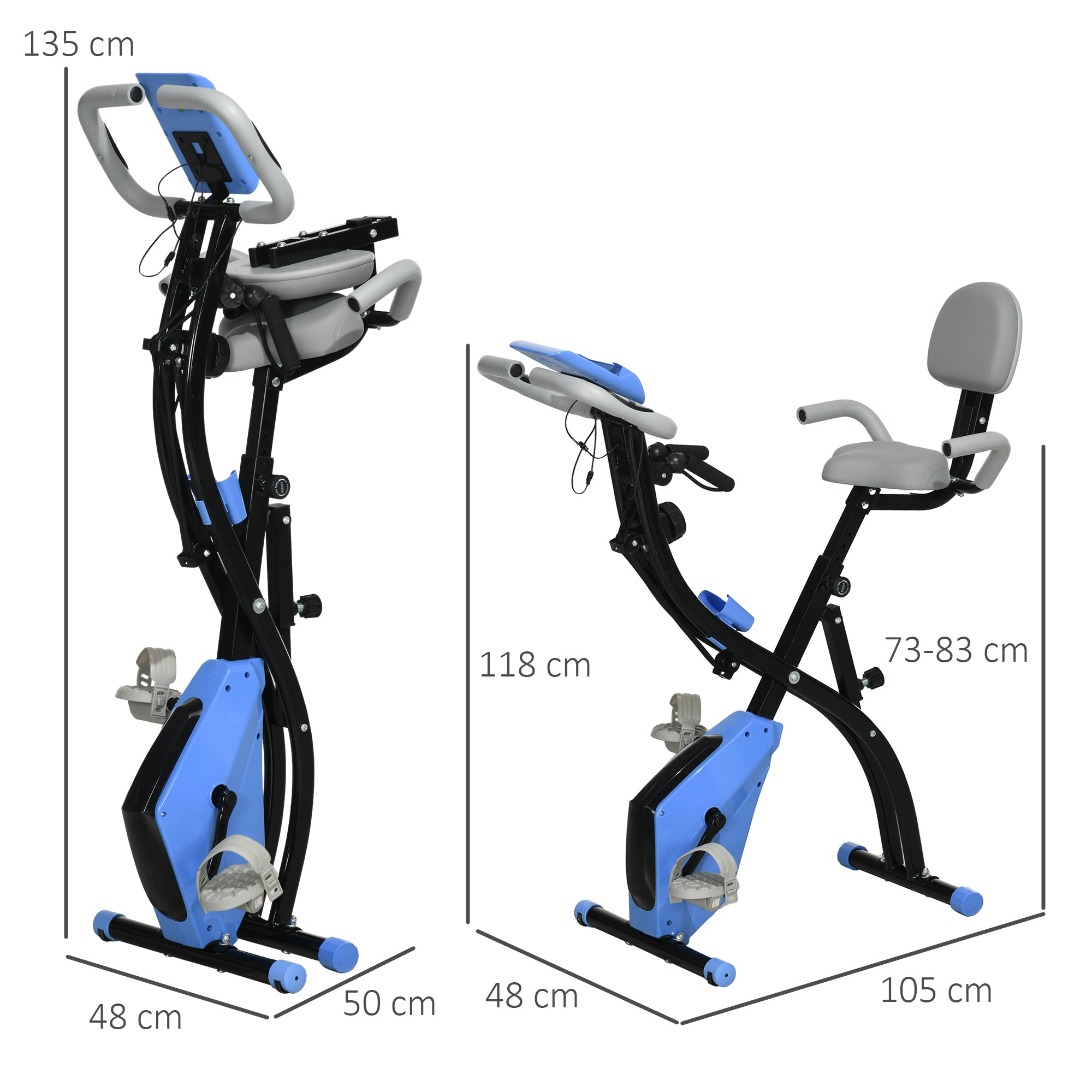 2-in-1 Folding Exercise Bike with 8-Level Magnetic Resistance, Arm Resistance Band, Pulse Sensor, Blue