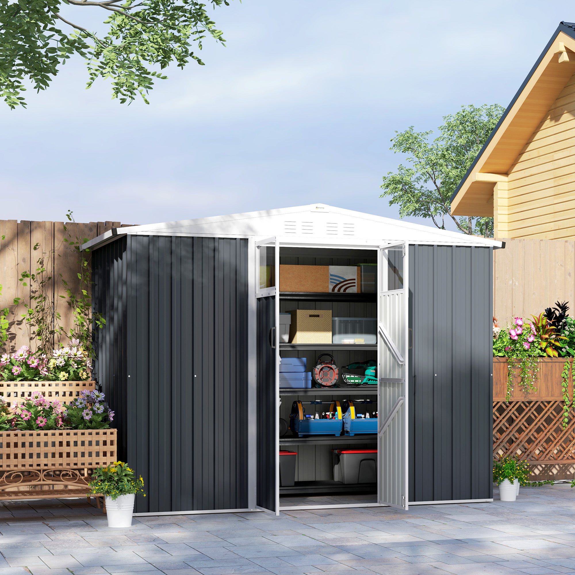 8 x 4 ft Metal Garden Storage Shed with Window and Lockable Door - Dark Grey