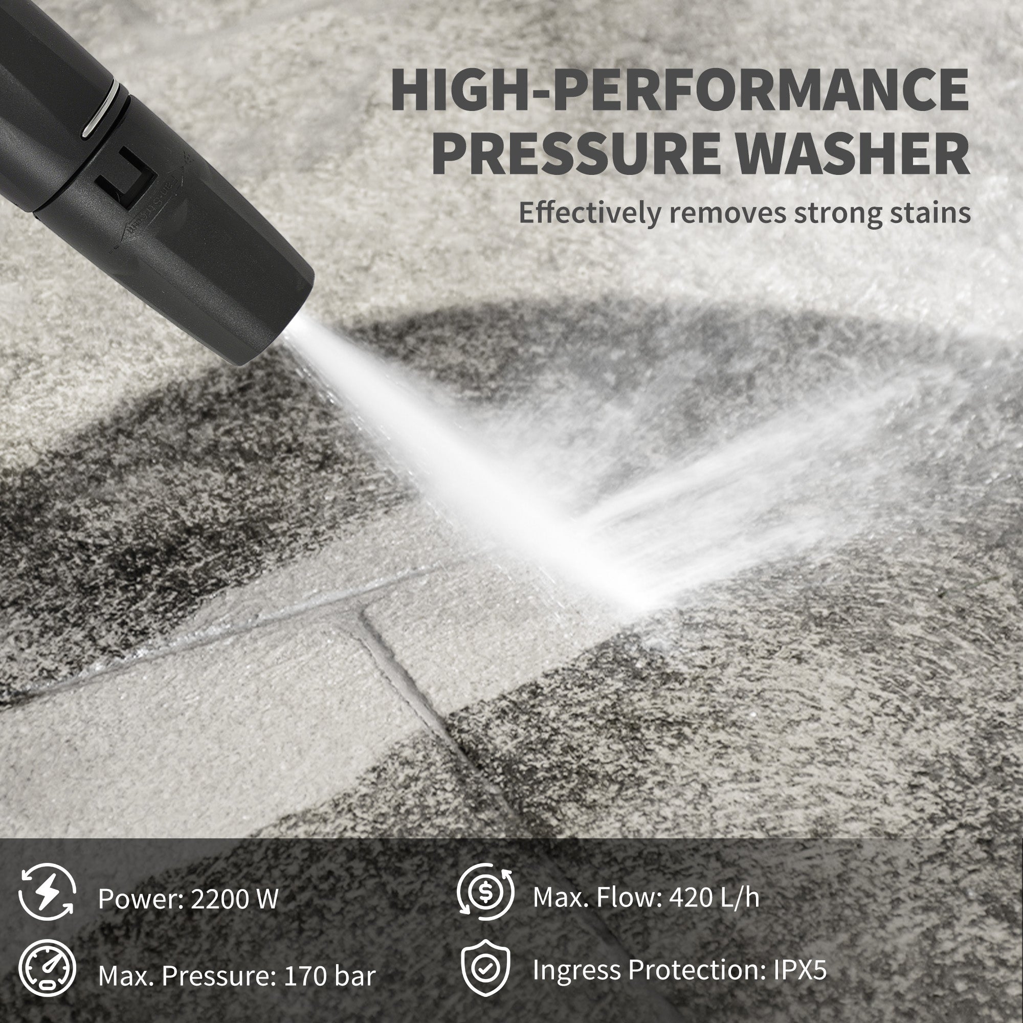 2200W High Pressure Washer, 170 Bar Pressure, 420 L/h Flow, Portable Electric Power Washer Jet Wash Cleaner with Adjustable Nozzle 6M Hose and Hose Reel for Home Patio Car Driveway