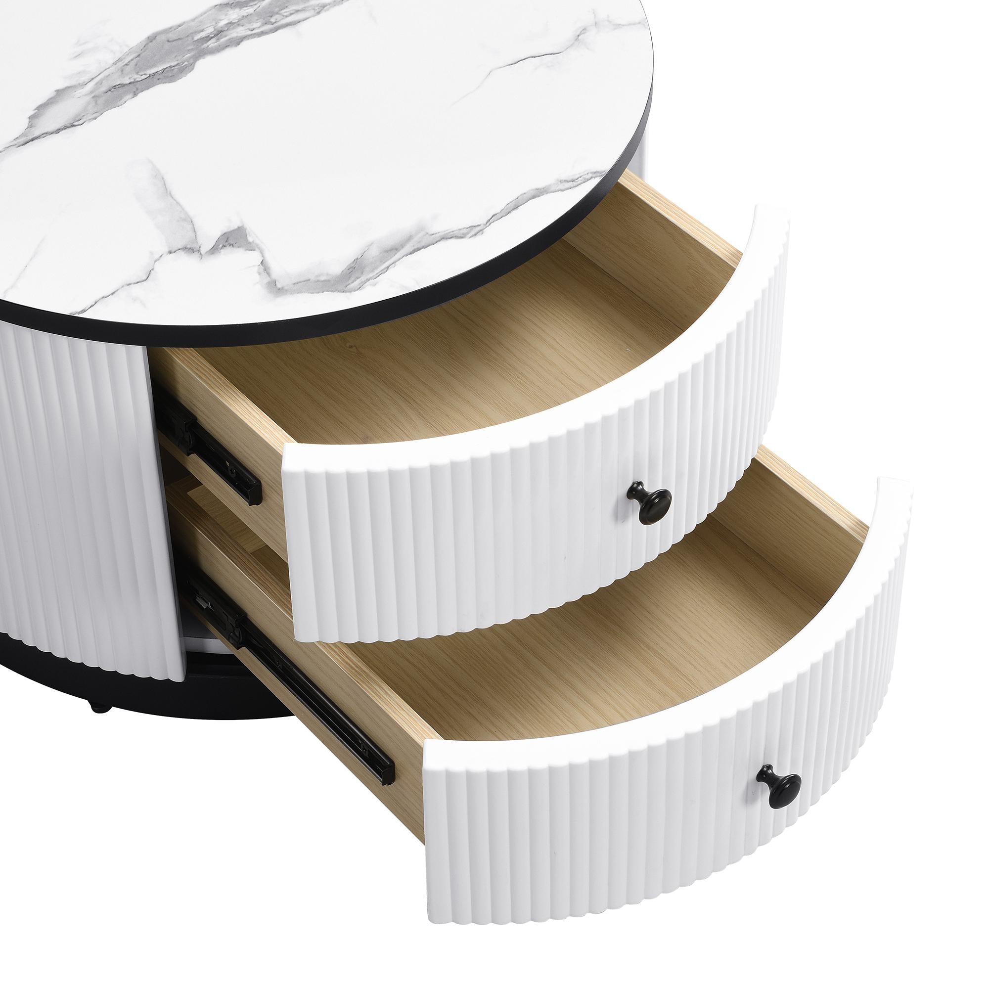 High Gloss Round Nesting Coffee Table Set with Marble Pattern Top and Storage Drawers, Modern Centre Table for Living Room, White+Black