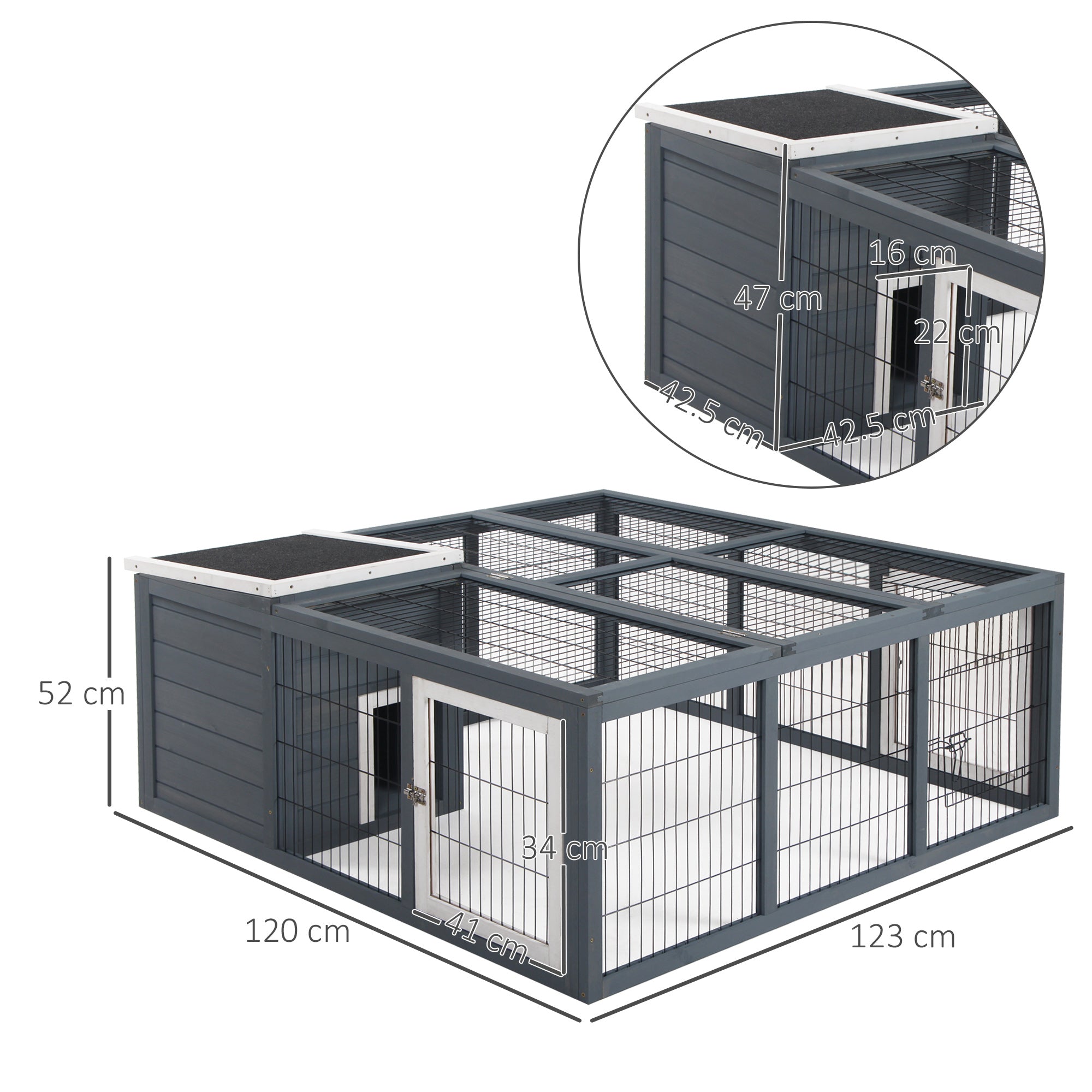 Rabbit Hutch Outdoor, Guinea Pig House, Bunny Run Cage with Openable Top for 1-2 Rabbits, 123 x 120 x 52cm, Grey