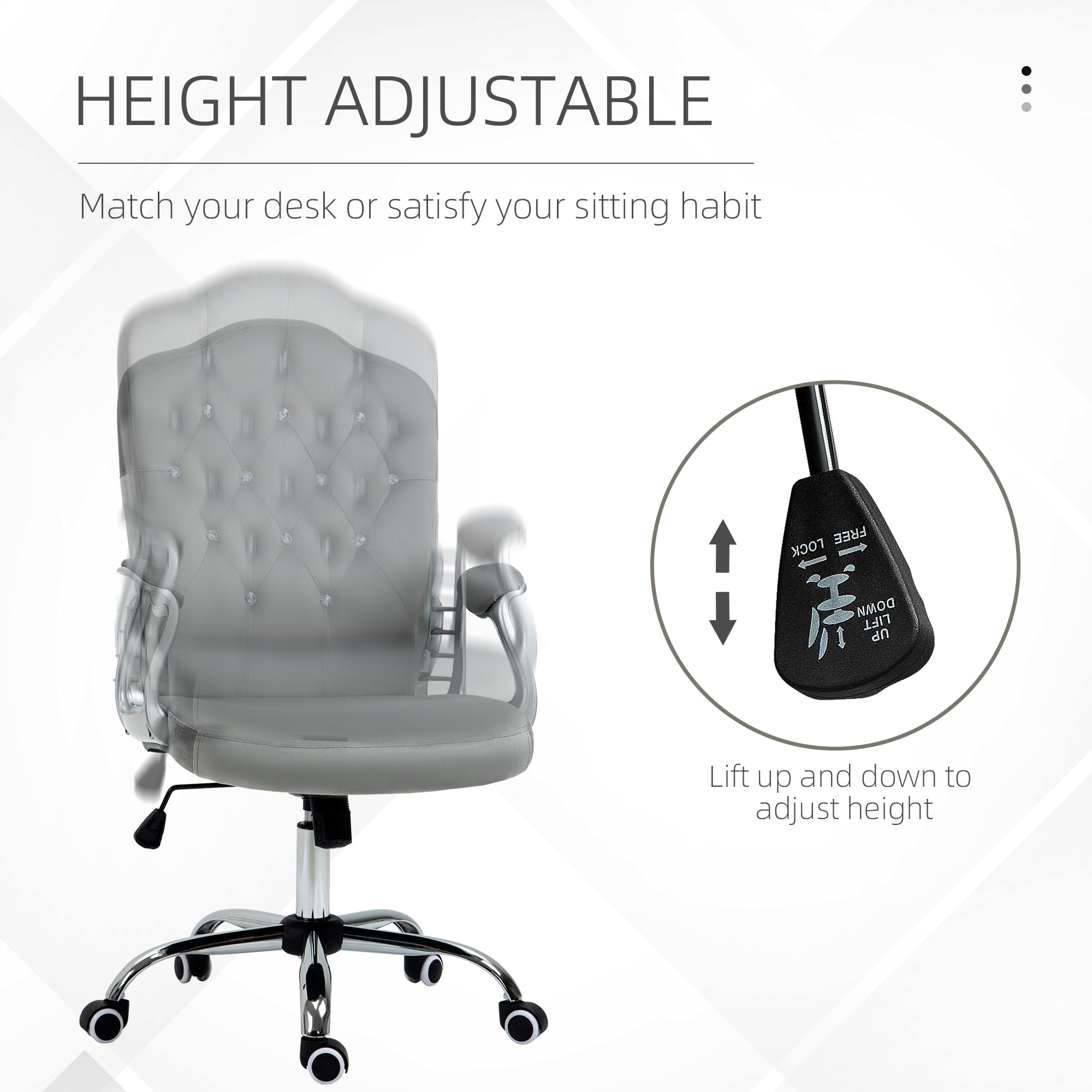 Velvet-Feel Work Chair, with Diamante Back - Grey