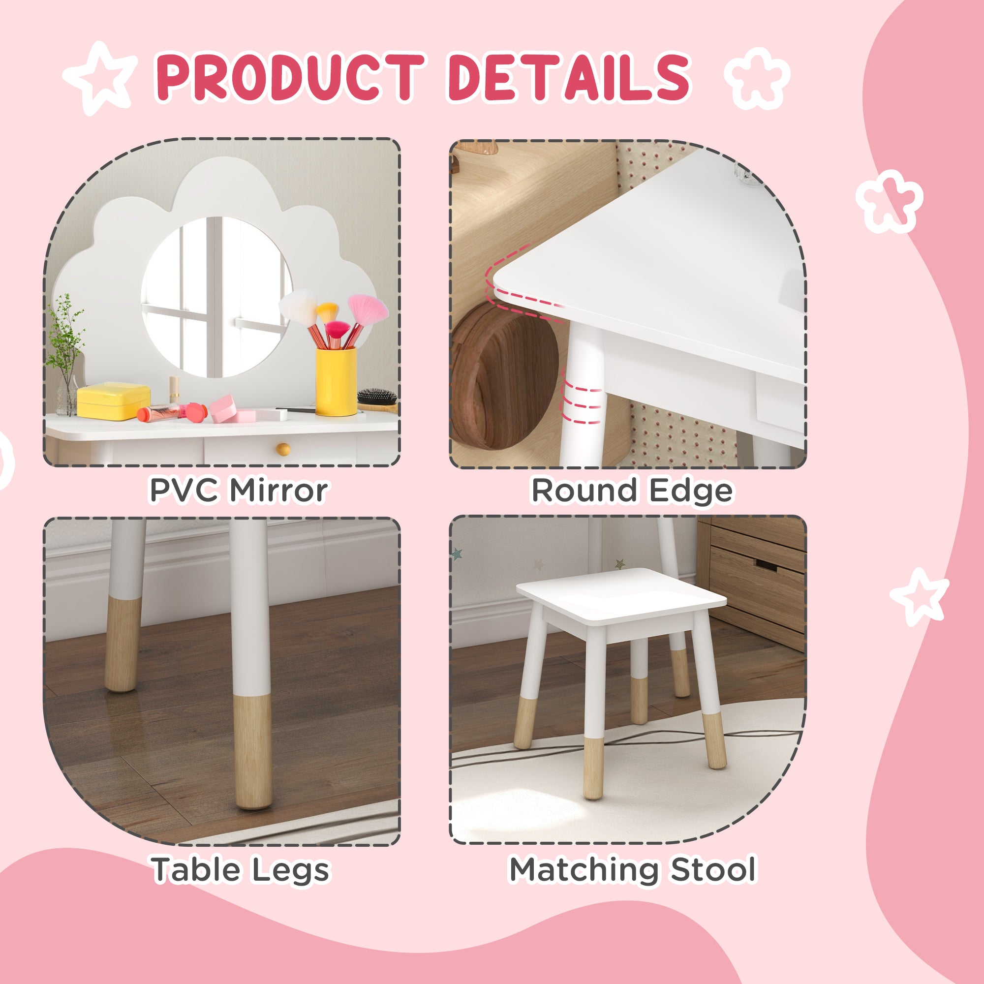 Kids Dressing Table with Mirror, Stool, Drawer, Cloud Design, White