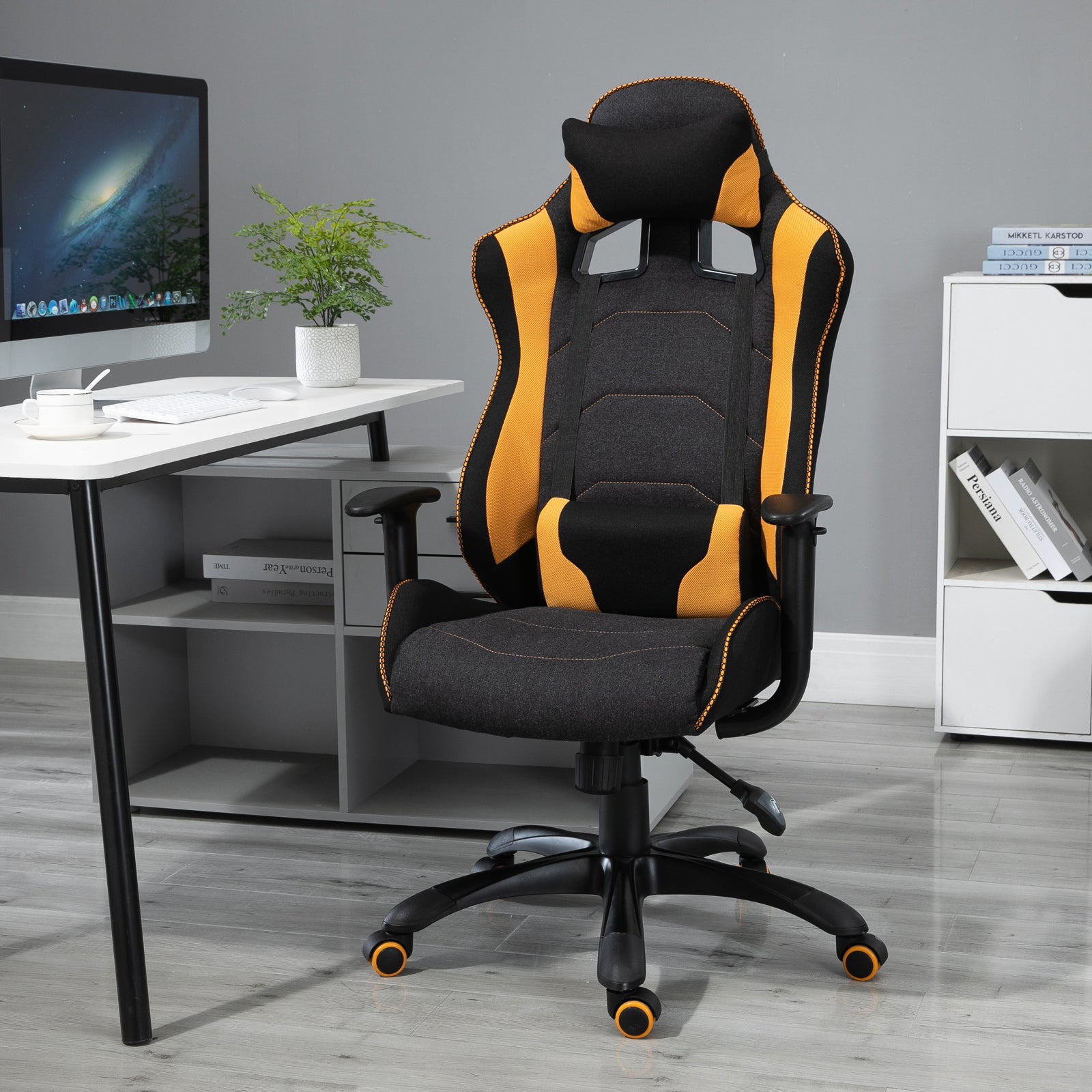 Polyester Ergonomic Gaming Chair w/ Adjustable Pillow Orange