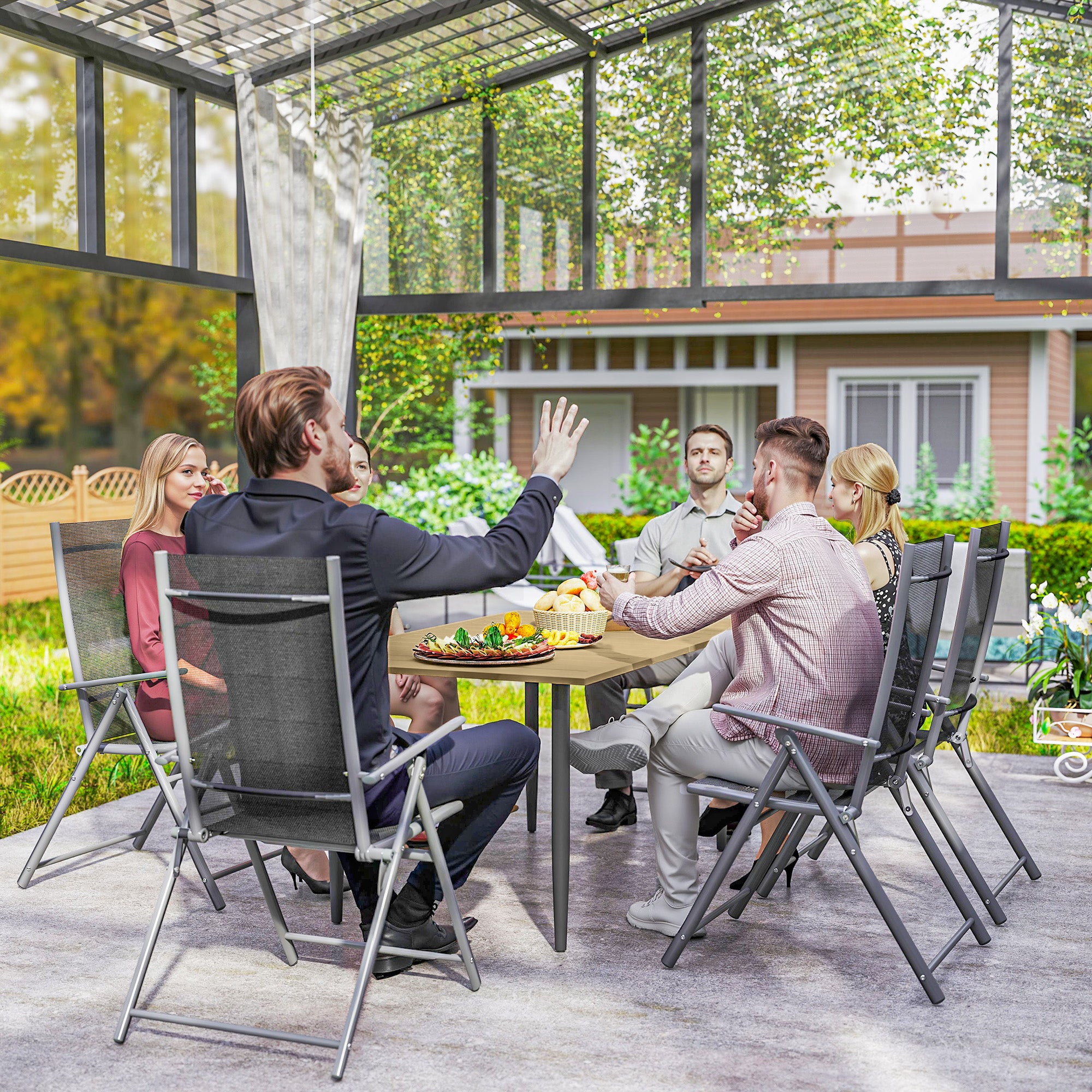 6 Seater Garden Dining Table with Parasol Hole 150x90 cm - Brown Steel Frame