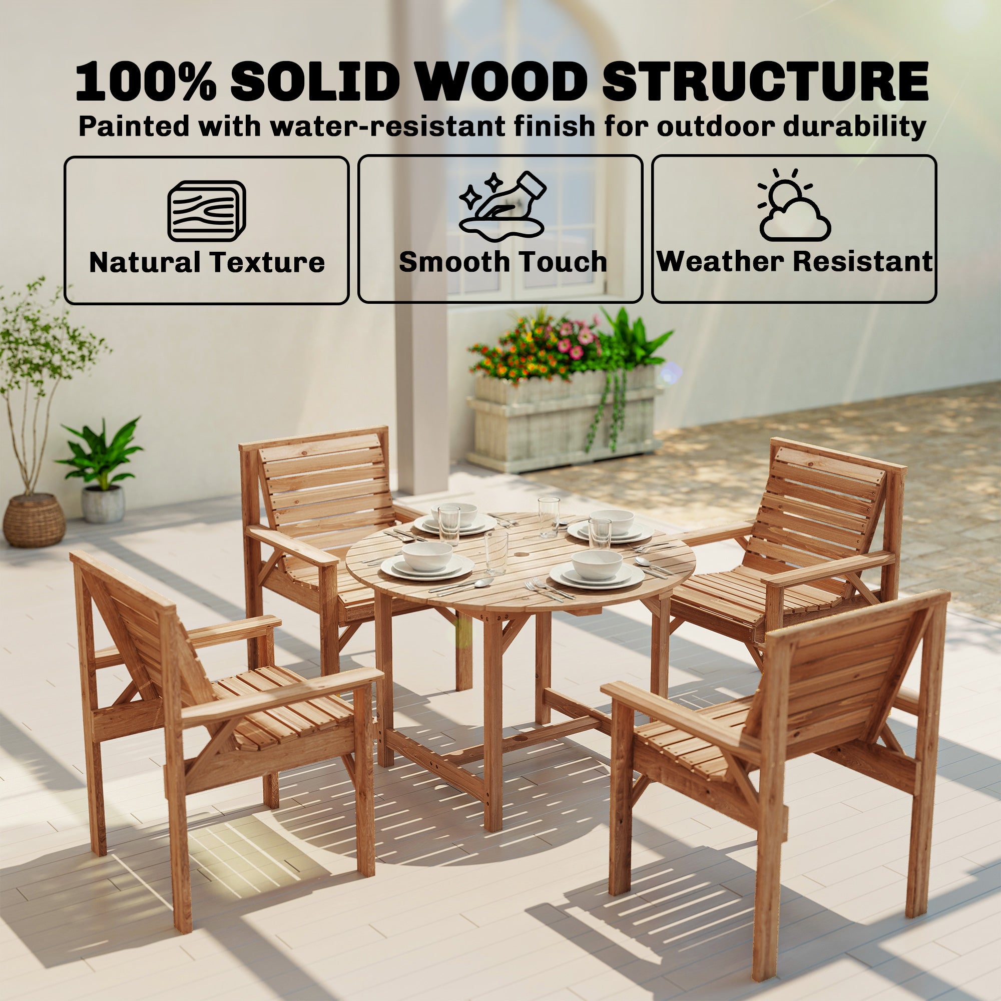 5 Pieces Garden Dining Set with Parasol Hole, Round Outdoor Table and Chairs, 4 Seater Wooden Garden Furniture, Natural
