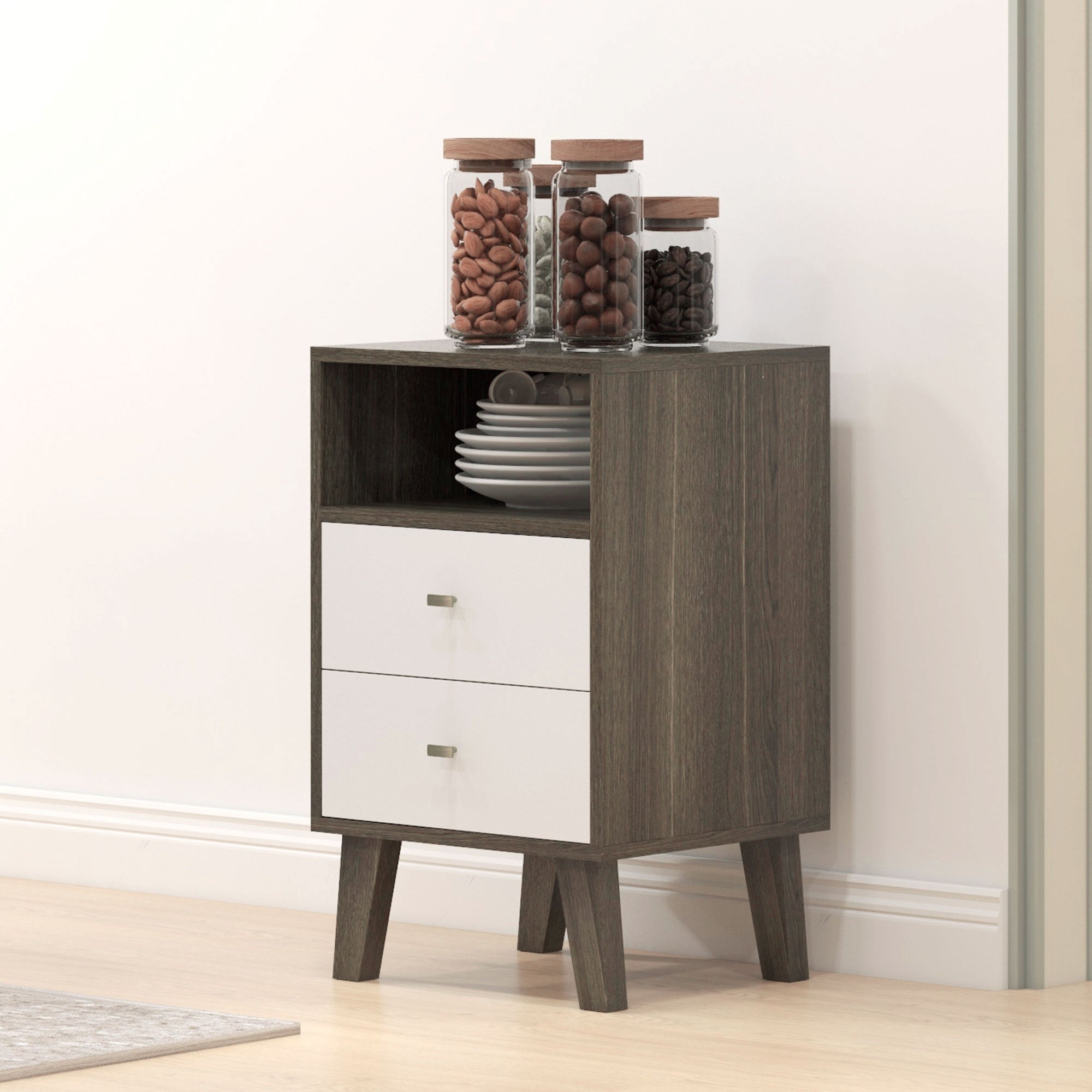 Industrial Scandinavian Bedside Table with Drawers and Shelf - Grey White